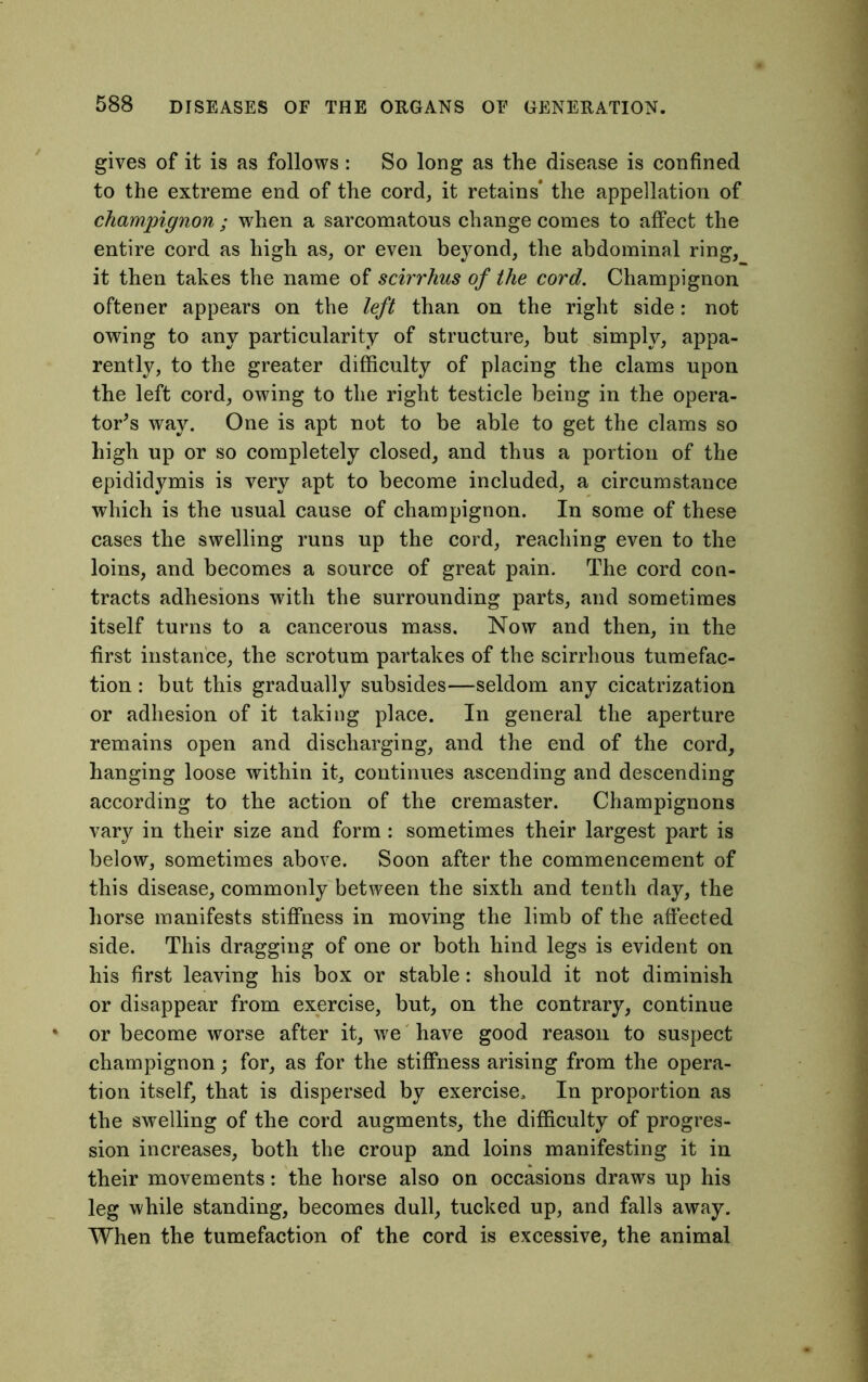 gives of it is as follows : So long as the disease is confined to the extreme end of the cord, it retains the appellation of champignon ; when a sarcomatous change comes to affect the entire cord as high as, or even beyond, the abdominal ring, it then takes the name of scirrhus of the cord. Champignon oftener appears on the left than on the right side: not owing to any particularity of structure, but simply, appa- rently, to the greater difficulty of placing the clams upon the left cord, owing to the right testicle being in the opera- tor’s way. One is apt not to be able to get the clams so high up or so completely closed, and thus a portion of the epididymis is very apt to become included, a circumstance which is the usual cause of champignon. In some of these cases the swelling runs up the cord, reaching even to the loins, and becomes a source of great pain. The cord con- tracts adhesions with the surrounding parts, and sometimes itself turns to a cancerous mass. Now and then, in the first instance, the scrotum partakes of the scirrhous tumefac- tion : but this gradually subsides—seldom any cicatrization or adhesion of it taking place. In general the aperture remains open and discharging, and the end of the cord, hanging loose within it, continues ascending and descending according to the action of the cremaster. Champignons vary in their size and form : sometimes their largest part is below, sometimes above. Soon after the commencement of this disease, commonly between the sixth and tenth day, the horse manifests stiffness in moving the limb of the affected side. This dragging of one or both hind legs is evident on his first leaving his box or stable: should it not diminish or disappear from exercise, but, on the contrary, continue or become worse after it, we have good reason to suspect champignon; for, as for the stiffness arising from the opera- tion itself, that is dispersed by exercise. In proportion as the swelling of the cord augments, the difficulty of progres- sion increases, both the croup and loins manifesting it in their movements: the horse also on occasions draws up his leg while standing, becomes dull, tucked up, and falls away. When the tumefaction of the cord is excessive, the animal