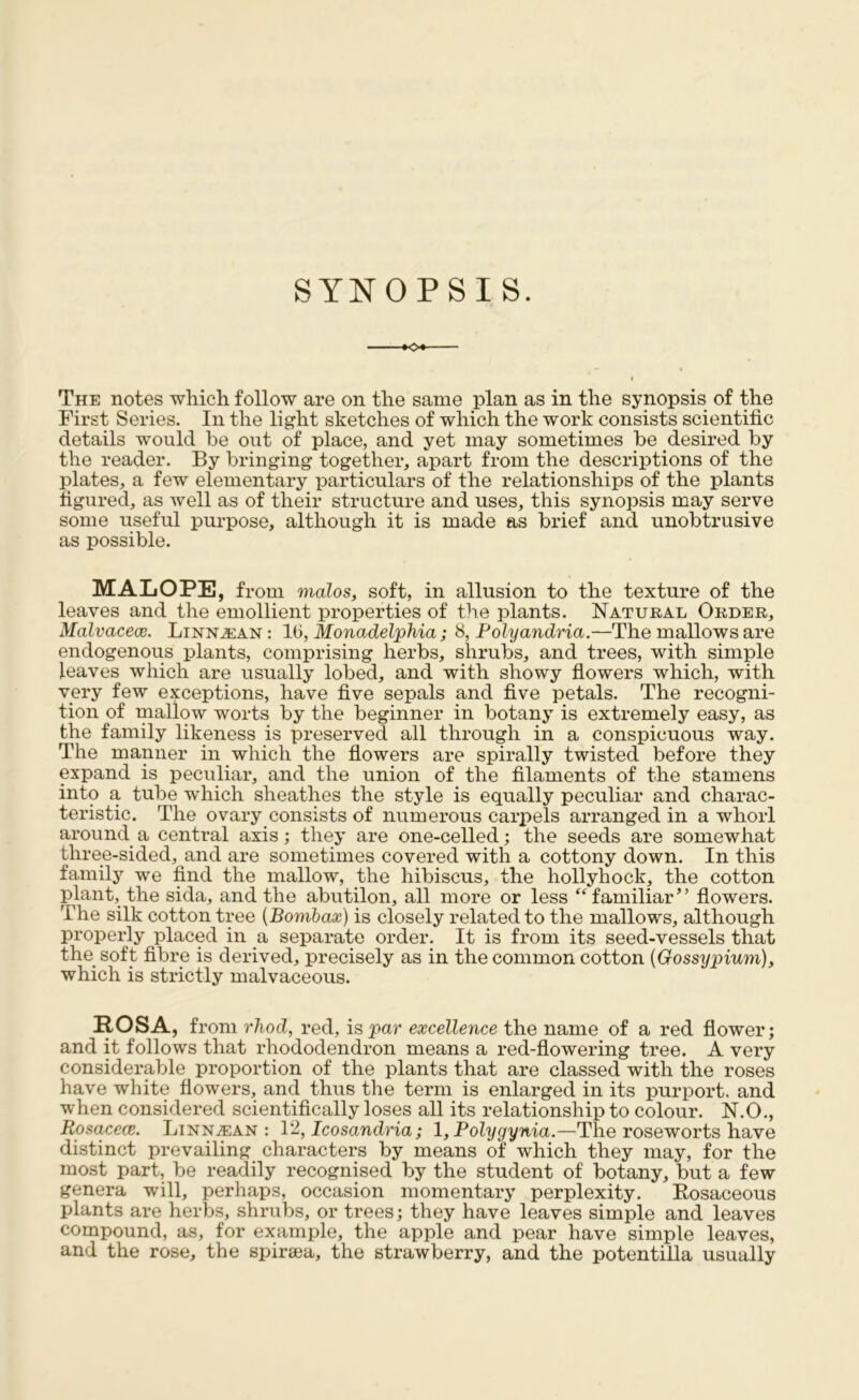 SYNOPSIS. <>+ The notes which follow are on the same plan as in the synopsis of the First Series. In the light sketches of which the work consists scientific details would be out of place, and yet may sometimes be desired by the reader. By bringing together, apart from the descriptions of the plates, a few elementary particulars of the relationships of the plants figured, as well as of their structure and uses, this synopsis may serve some useful purpose, although it is made as brief and unobtrusive as possible. MALOPE, from malos, soft, in allusion to the texture of the leaves and the emollient properties of the plants. Natural Order, Malvaceae. Linnacan : 1(1, Monadelphia; 8, Polyandria.—The mallows are endogenous plants, comprising herbs, shrubs, and trees, with simple leaves which are usually lobed, and with showy flowers which, with very few exceptions, have five sepals and five petals. The recogni- tion of mallow worts by the beginner in botany is extremely easy, as the family likeness is preserved all through in a conspicuous way. The manner in which the flowers are spirally twisted before they expand is peculiar, and the union of the filaments of the stamens into a tube which sheathes the style is equally peculiar and charac- teristic. The ovary consists of numerous carpels arranged in a whorl around a central axis; they are one-celled; the seeds are somewhat three-sided, and are sometimes covered with a cottony down. In this family we find the mallow, the hibiscus, the hollyhock, the cotton plant, the sida, and the abutilon, all more or less “familiar” flowers. The silk cotton tree (Bombax) is closely related to the mallows, although properly placed in a separate order. It is from its seed-vessels that the soft fibre is derived, precisely as in the common cotton (Gossypium), which is strictly malvaceous. ROSA, from rhod, red, is par excellence the name of a red flower; and it follows that rhododendron means a red-flowering tree. A very considerable proportion of the plants that are classed with the roses have white flowers, and thus the term is enlarged in its purport, and when considered scientifically loses all its relationship to colour. N.O., Rosa.cece. Linnaian : 1 '2, Icosandria; 1 ,Polygynia.—The roseworts have distinct prevailing characters by means of which they may, for the most part, be readily recognised by the student of botany, but a few genera will, perhaps, occasion momentary perplexity. Eosaceous plants are herbs, shrubs, or trees; they have leaves simple and leaves compound, as, for example, the apple and pear have simple leaves, and the rose, the spiraea, the strawberry, and the potentilla usually