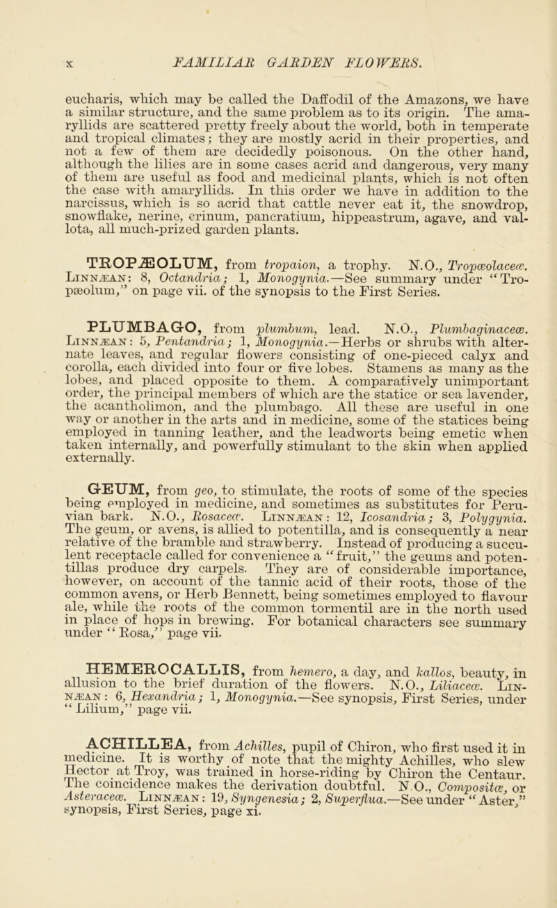 eucharis, which may be called the Daffodil of the Amazons, we have a similar structure, and the same problem as to its origin. The ama- ryllids are scattered pretty freely about the world, both in temperate and tropical climates; they are mostly acrid in their properties, and not a few of them are decidedly poisonous. On the other hand, although the lilies are in some cases acrid and dangerous, very many of them are useful as food and medicinal plants, which is not often the case with amaryllids. In this order we have in addition to the narcissus, which is so acrid that cattle never eat it, the snowdrop, snowflake, nerine, erinum, pancratium, hippeastrum, agave, and val- lota, all much-prized garden plants. TROPiEOLUM, from tropaion, a trophy. N.O., Tropceolacecc. Linn.,ean : 8, Octandria; 1, Monogynia.—See summary under “Tro- pseolum,” on page vii. of the synopsis to the First Series. PLUMBAGO, from plumbum, lead. N.O., Plumbaginacece. Linn^ean : 5, Pentandria; 1, Monogynia.—Herbs or shrubs with alter- nate leaves, and regular flowers consisting of one-pieced calyx and corolla, each divided into four or five lobes. Stamens as many as the lobes, and placed opposite to them. A comparatively unimportant order, the principal members of which are the statice or sea lavender, the acantholimon, and the plumbago. All these are useful in one way or another in the arts and in medicine, some of the statices being employed in tanning leather, and the leadworts being emetic when taken internally, and powerfully stimulant to the skin when applied externally. GEUM, from geo, to stimulate, the roots of some of the species being employed in medicine, and sometimes as substitutes for Peru- vian bark. N.O., Rosacecc. Linn^ean : 12, Icosandria; 3, Polygynia. The geum, or avens, is allied to potentilla, and is consequently a near relative of the bramble and strawberry. Instead of producing a succu- lent receptacle called for convenience a “fruit,” the geums and poten- tillas produce dry carpels. They are of considerable importance, however, on account of the tannic acid of their roots, those of the common avens, or Herb Dennett, being sometimes employed to flavour ale, while the roots of the common tonnentil are in the north used in place of hops in brewing. For botanical characters see summary under “ Rosa,” page vii. HEMEROCALLIS, from hemero, a day, and hallos, beauty, in allusion to the brief duration of the flowers. N. O., Liliacece. Lin- NiEAN : 6, Hexandria; 1, Monogynia.—See synopsis. First Series, under “Lilium,” page vii. ACHILLEA, from Achilles, pupil of Chiron, who first used it in medicine. It is worthy of note that the mighty Achilles, who slew Hector at Troy, was trained in horse-riding by Chiron the Centaur. The coincidence makes the derivation doubtful. N O., Composite, or Asteracece. Linnjean : 19, Syngenesia; 2, Superflua.—See under “Aster ” synopsis, First Series, page xi.