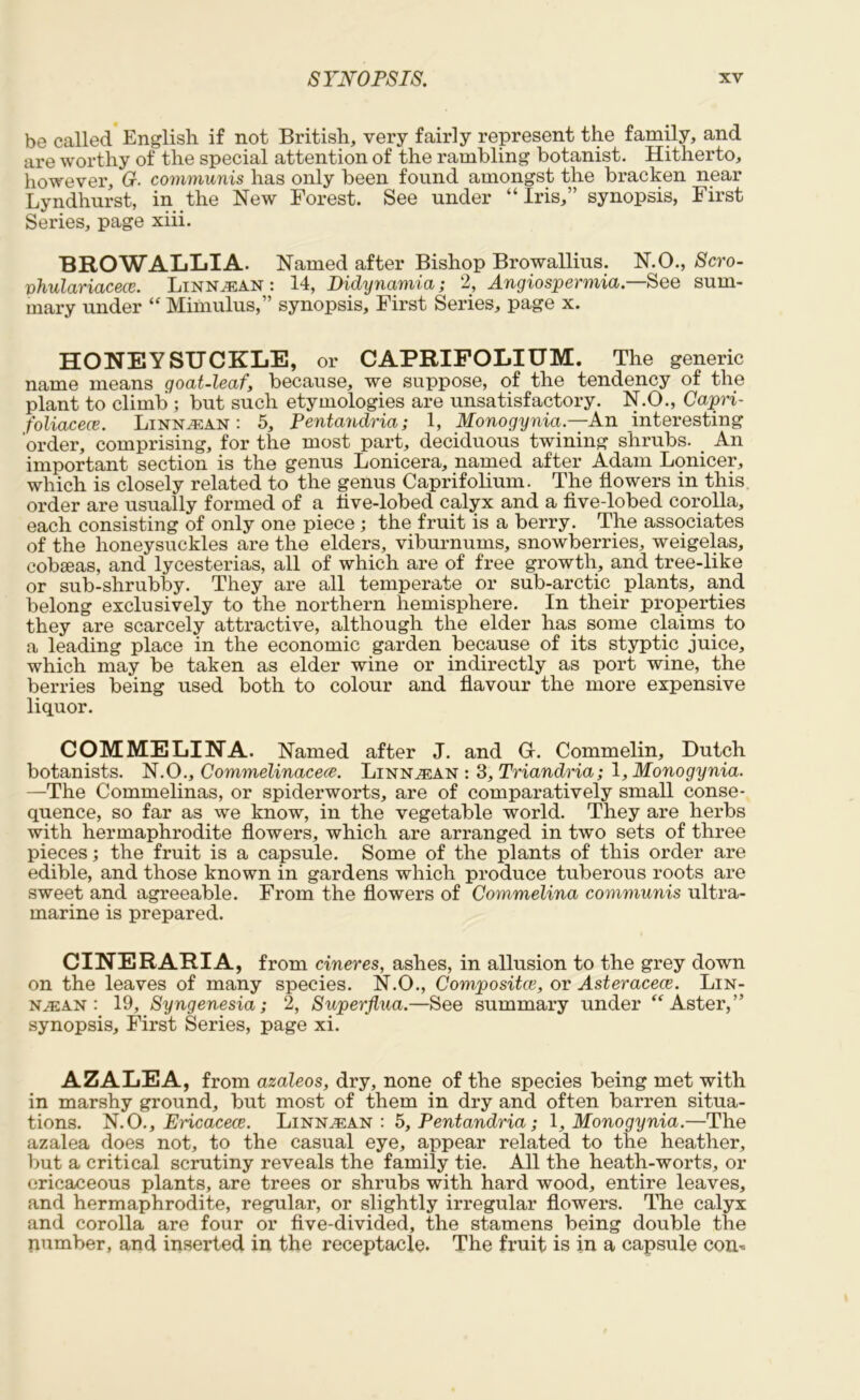 be called English if not British, very fairly represent the family, and are worthy of the special attention of the rambling botanist. Hitherto, however, G. communis has only been found amongst the bracken near Lyndhurst, in the New Forest. See under “Iris,” synopsis, First Series, page xiii. BROWALLIA. Named after Bishop Browallius. N.O., Scro- vhulariacece. Linn^ean : 14, Didynamia; 2, Angiospermia.—See sum- mary under “ Mimulus,” synopsis. First Series, page x. HONEYSUCKLE, or CAPRIFOLIUM. The generic name means goat-leaf, because, we suppose, of the tendency of the plant to climb ; but such etymologies are unsatisfactory. N.O., Capri- foliacece. Linn^ean : 5, Pentandria; 1, Monogynia.—An interesting order, comprising, for the most part, deciduous twining shrubs. _ An important section is the genus Lonicera, named after Adam Lonicer, which is closely related to the genus Caprifolium. The flowers in this order are usually formed of a live-lobed calyx and a five-lobed corolla, each consisting of only one piece; the fruit is a berry. The associates of the honeysuckles are the elders, viburnums, snowberries, weigelas, cobras, and lycesterias, all of which are of free growth, and tree-like or sub-shrubby. They are all temperate or sub-arctic plants, and belong exclusively to the northern hemisphere. In their properties they are scarcely attractive, although the elder has some claims to a leading place in the economic garden because of its styptic juice, which may be taken as elder wine or indirectly as port wine, the berries being used both to colour and flavour the more expensive liquor. COM ME LINA. Named after J. and G. Commelin, Dutch botanists. N.O., Commelinacece. Linn^ean : 3, Triandria; 1, Monogynia. —The Commelinas, or spiderworts, are of comparatively small conse- quence, so far as we know, in the vegetable world. They are herbs with hermaphrodite flowers, which are arranged in two sets of three pieces; the fruit is a capsule. Some of the plants of this order are edible, and those known in gardens which produce tuberous roots are sweet and agreeable. From the flowers of Commelina communis ultra- marine is prepared. CINERARIA, from cineres, ashes, in allusion to the grey down on the leaves of many species. N.O., Compositce, or Asteracece. Lin- n^:an : 19, Syngenesia; 2, Superflua.—See summary under “Aster,” synopsis. First Series, page xi. AZALEA, from azaleos, dry, none of the species being met with in marshy ground, but most of them in dry and often barren situa- tions. N.O., Ericacece. Linn^an : 5, Pentandria; 1, Monogynia.—The azalea does not, to the casual eye, appear related to the heather, but a critical scrutiny reveals the family tie. All the heath-worts, or ericaceous plants, are trees or shrubs with hard wood, entire leaves, and hermaphrodite, regular, or slightly irregular flowers. The calyx and corolla are four or five-divided, the stamens being double the number, and inserted in the receptacle. The fruit is in a capsule con*