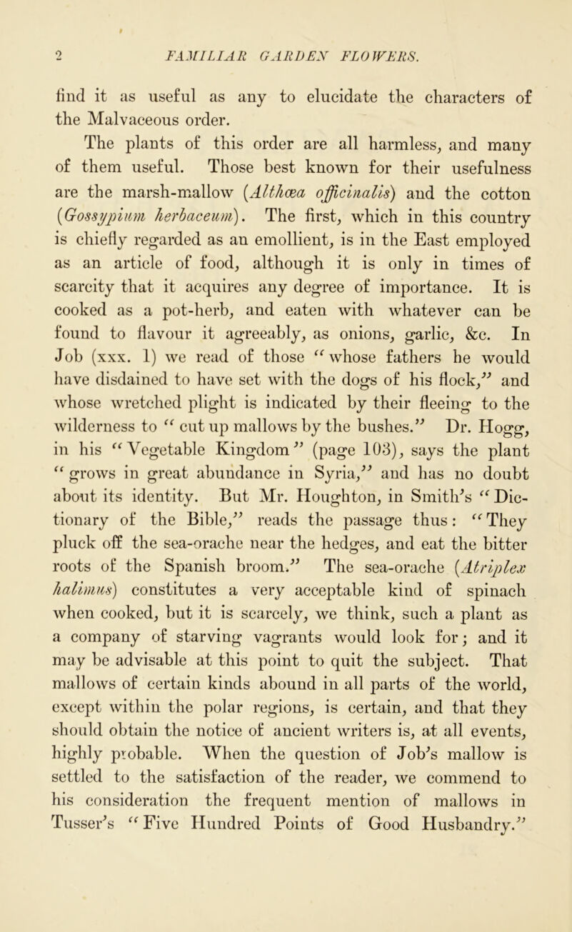 find it as useful as any to elucidate the characters of the Malvaceous order. The plants of this order are all harmless, and many of them useful. Those best known for their usefulness are the marsh-mallow (Althaea, officinalis) and the cotton flossypiirn herbaceum). The first, which in this country is chiefly regarded as an emollient, is in the East employed as an article of food, although it is only in times of scarcity that it acquires any degree of importance. It is cooked as a pot-herb, and eaten with whatever can be found to flavour it agreeably, as onions, garlic, &c. In Job (xxx. 1) we read of those “ whose fathers he would have disdained to have set with the dogs of his flock,” and whose wretched plight is indicated by their fleeing to the wilderness to “ cut up mallows by the bushes.” Dr. Hogg, in his “Vegetable Kingdom” (page 103), says the plant “ grows in great abundance in Syria,” and has no doubt about its identity. But Mr. Houghton, in Smith's “Dic- tionary of the Bible,” reads the passage thus: “ They pluck off the sea-orache near the hedges, and eat the bitter roots of the Spanish broom.” The sea-orache (.Atriplex halimm) constitutes a very acceptable kind of spinach when cooked, but it is scarcely, we think, such a plant as a company of starving vagrants would look for; and it may be advisable at this point to quit the subject. That mallows of certain kinds abound in all parts of the world, except within the polar regions, is certain, and that they should obtain the notice of ancient writers is, at all events, highly probable. When the question of Job's mallow is settled to the satisfaction of the reader, we commend to his consideration the frequent mention of mallows in TussePs “ Five Hundred Points of Good Husbandry.”