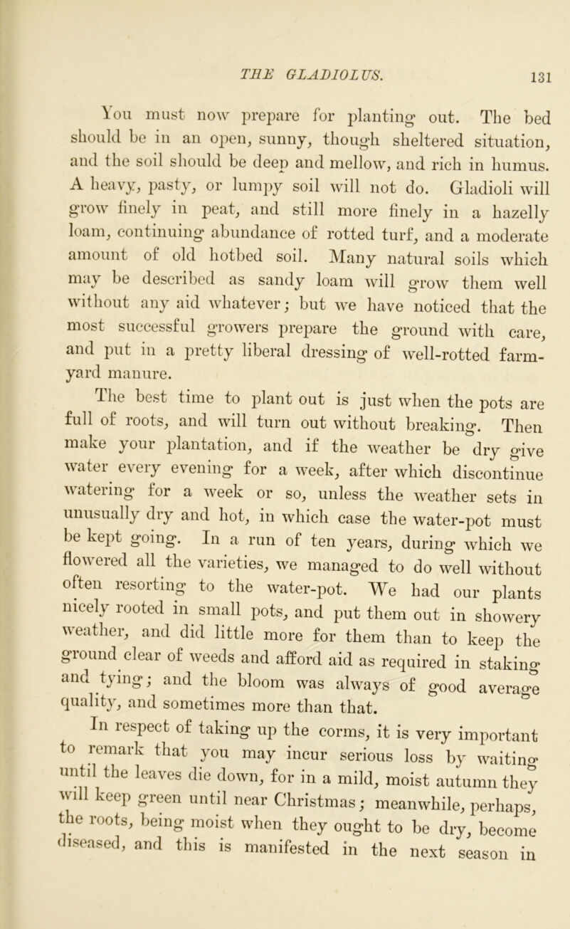 You must now prepare for planting* out. The bed should be in an open, sunny, though sheltered situation, and the soil should be deep and mellow, and rich in humus. A heavy, pasty, or lumpy soil will not do. Gladioli will grow finely in peat, and still more finely in a hazelly loam, continuing* abundance of rotted turf, and a moderate amount of old hotbed soil. Many natural soils which may be described as sandy loam will grow them well without any aid whatever; but we have noticed that the most successful growers prepare the ground with care, and put in a pretty liberal dressing of well-rotted farm- yard manure. The best time to plant out is just when the pots are full of roots, and will turn out without breaking. Then make your plantation, and if the weather be dry give water every evening for a week, after which discontinue watering for a week or so, unless the weather sets in unusually dry and hot, in which case the water-pot must be kept going. In a run of ten years, during which we flowered all the varieties, we managed to do well without often resorting to the water-pot. We had our plants nicely rooted in small pots, and put them out in showery weather, and did little more for them than to keep the ground clear of weeds and afford aid as required in staking anu tying; and the bloom was always of good average quality, and sometimes more than that. In respect of taking up the corms, it is very important to remark that you may incur serious loss by waiting until the leaves die down, for in a mild, moist autumn they will keep green until near Christmas; meanwhile, perhaps, the roots, being moist when they ought to be dry, become diseased, and this is manifested in the next season in