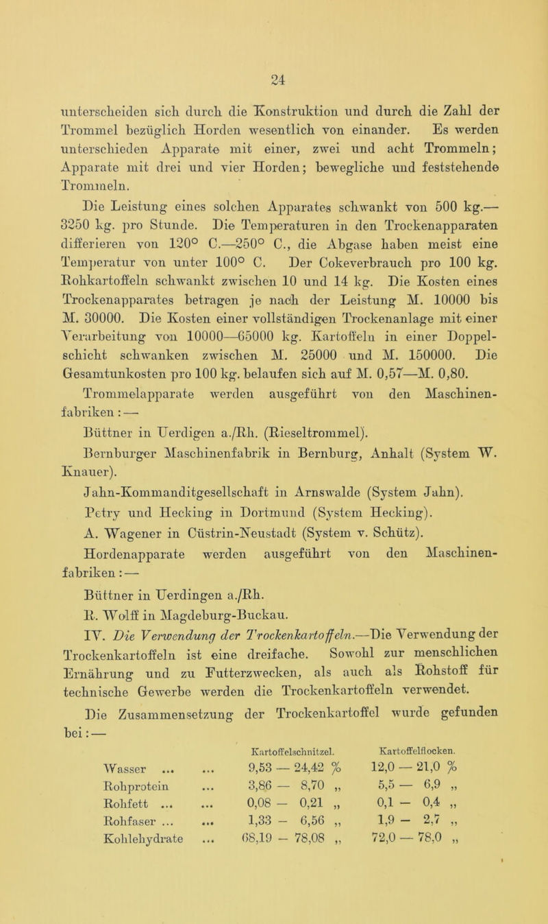 untersclieiden sicli durcli die Konstruktion und durcb die Zabl der Trommel beziiglicli Horden wesentlicli von einander. Es werden unterscliieden Apparate mit einer, zwei und acbt Trommeln ; Apparate mit drei und vier Horden; beweglicbe und feststebende Trommeln. Die Leistung eines solclien Apparates scliwankt von 500 kg.— 3250 kg. prò Stunde. Die Temperaturen in den Troekenapparaten differieren von 120° C.—250° C., die Abgase haben meist eine Tem])eratur von unter 100° C. Der Cokeverbraucb prò 100 kg. Robkartoffeln scliwankt zwisehen 10 und 14 kg. Die Kosten eines Trockenapparates betragen je nadb der Leistung M. 10000 bis M. 30000. Die Ivosten einer vollstàndigen Trockenanlage mit einer Verurbeitung von 10000—G5000 kg. Kartoiìeln in einer Doppel- scbiclit scliwanken zwiscben H. 25000 und M. 150000. Die Gesamtunkosten prò 100 kg', belaufen sicb auf M. 0,57—M. 0,80. Trommelapparate werden ausgefiihrt von den Mascbinen- f'abriken : —• Buttner in Uerdigen a./Rli. (Rieseltrommel). Bernburger Mascbinenfabrik in Bernburg, Anbalt (System W. Knauer). Jabn-Kominanditgesellscbaft in Arnswalde (System Jabn). Petry und Hecking in Dortmund (System Hecking). A. Wagener in Custrin-Neustadt (System v. Sckutz). Hordenapparate werden ausgefùbrt von den Mascliinen- f abriken : — Biittner in TJerdingen a ./Rii. R. Wolff in Magdeburg-Buckau. IY. Die Verwendung der Trockenkarto-jfeln.—Die Yerwendung der Trockenkartoffeln ist eine dreifacbe. Sowohl zur menscblicben Ernàhrung und zu Eutterzwecken, als aucli als Robstoff fiir tecbniscbe Gewerbe werden die Trockenkartofì’eln verwendet. Die Zusammensetzung der Trockenkartoffel wurde gefunden bei : — Wasser ... Kartoffelschnitzel. 9,53 — 24,42 % Karfcoffelflocken. 12,0 — 21,0 °/o Roliprotein 3,86 — 8,70 „ 5,5 — 6,9 „ Rolifett ... 0,08 - 0,21 „ 0,1 - 0,4 „ Rohfaser ... 1,33 - 6,56 „ 1,9 - 2,7 „ Kolilebydrate