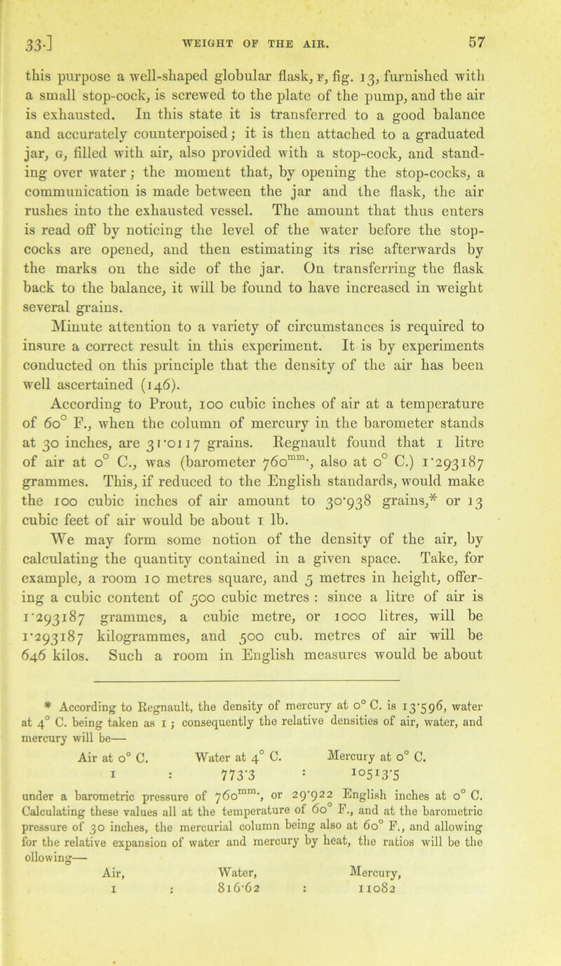 this purpose a well-shaped globular flask, f, fig. 13, furnished with a small stop-cock, is screwed to the plate of the pump, and the air is exhausted. In this state it is transferred to a good balance and accurately counterpoised; it is then attached to a graduated jar, G, filled with air, also provided with a stop-cock, and stand- ing over water; the moment that, by opening the stop-cocks, a communication is made between the jar and the flask, the air rushes into the exhausted vessel. The amount that thus enters is read ofl by noticing the level of the water before the stop- cocks are opened, and then estimating its rise afterwards by the marks on the side of the jar. On transferring the flask back to the balance, it will be found to have increased in weight several gi’ains. Minute attention to a variety of circumstances is required to insure a correct result in this experiment. It is by experiments conducted on this principle that the density of the air has been well ascertained (146). According to Prout, 100 cubic inches of air at a temperature of 60° F., when the column of mercury in the barometer stands at 30 inches, are 31 •0117 grains. Regnault found that i litre of air at 0° C., was (barometer 760““’, also at 0° C.) i’293187 grammes. This, if reduced to the English standards, would make the 100 cubic inches of air amount to grains,* or 13 cubic feet of air would be about i lb. We may form some notion of the density of the air, by calculating the quantity contained in a given space. Take, for example, a room 10 metres square, and 5 metres in height, offer- ing a cubic content of 500 cubic metres : since a litre of air is I'293187 grammes, a cubic metre, or 1000 litres, will be I'293187 kilogrammes, and 500 cub. metres of air will be 646 kilos. Such a room in English measures would be about * According to Regnault, the density of mercury at 0° C. is I3’596, water at 4° C. being taken as i j consequently the relative densities of air, water, and mercury will be— Air at 0° C. Water at 4° C. Mercury at 0° C. I : 773‘3 = 10513-5 under a barometric pressure of 7do““', or 29*922 English inches at 0° C. Calculating these values all at the temperature of 60 P., and at the barometric pressure of 30 inches, the mercurial column being also at 60° P., and allowing for the relative expansion of water and mercury by heat, the ratios will be the olio wing— Air, Water, Mercury, I : 8i6'62 : 11082