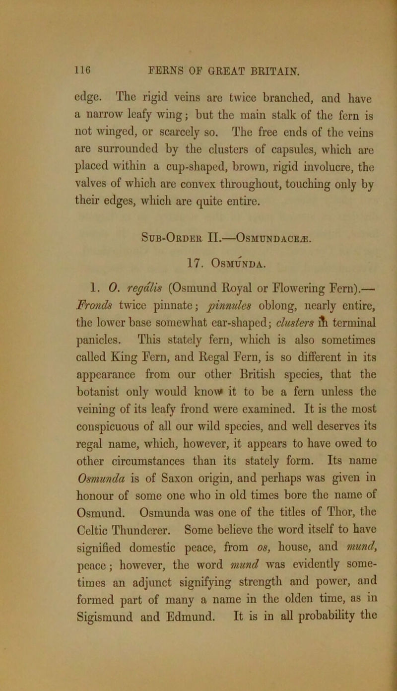 edge. The rigid veins are twice branched, and have a narrow leafy wing; but the main stalk of the fern is not winged, or scai'cely so. The free ends of the veins are surrounded by the clusters of capsules, which are placed within a cup-shaped, brown, rigid involucre, the valves of which are convex tliroughout, touching only by their edges, which are quite entire. Sub-Order II.—Osmundaceje. 17. OSMUNDA. 1. 0. regdlis (Osmund Royal or ^lowering Fern).— Fronds twice pinnate; pinnules oblong, nearly entire, the lower base somewhat ear-shaped; clusters ill terminal panicles. This stately fern, which is also sometimes called King Fern, and Regal Fern, is so different in its appearance from our other British species, that the botanist only would knou» it to be a fern unless the veining of its leafy frond were examined. It is the most conspicuous of all our wild species, and well deserves its regal name, which, however, it appears to have owed to other circumstances than its stately form. Its name Osmunda is of Saxon origin, and perhaps was given in honour of some one who in old times bore the name of Osmund. Osmunda was one of the titles of Thor, the Celtic Thunderer. Some believe the word itself to have signified domestic peace, from os, house, and mund, peace; however, the word mund was evidently some- times an adjunct signifying strength and power, and formed part of many a name in the olden time, as in Sigismund and Edmund. It is in all probability the