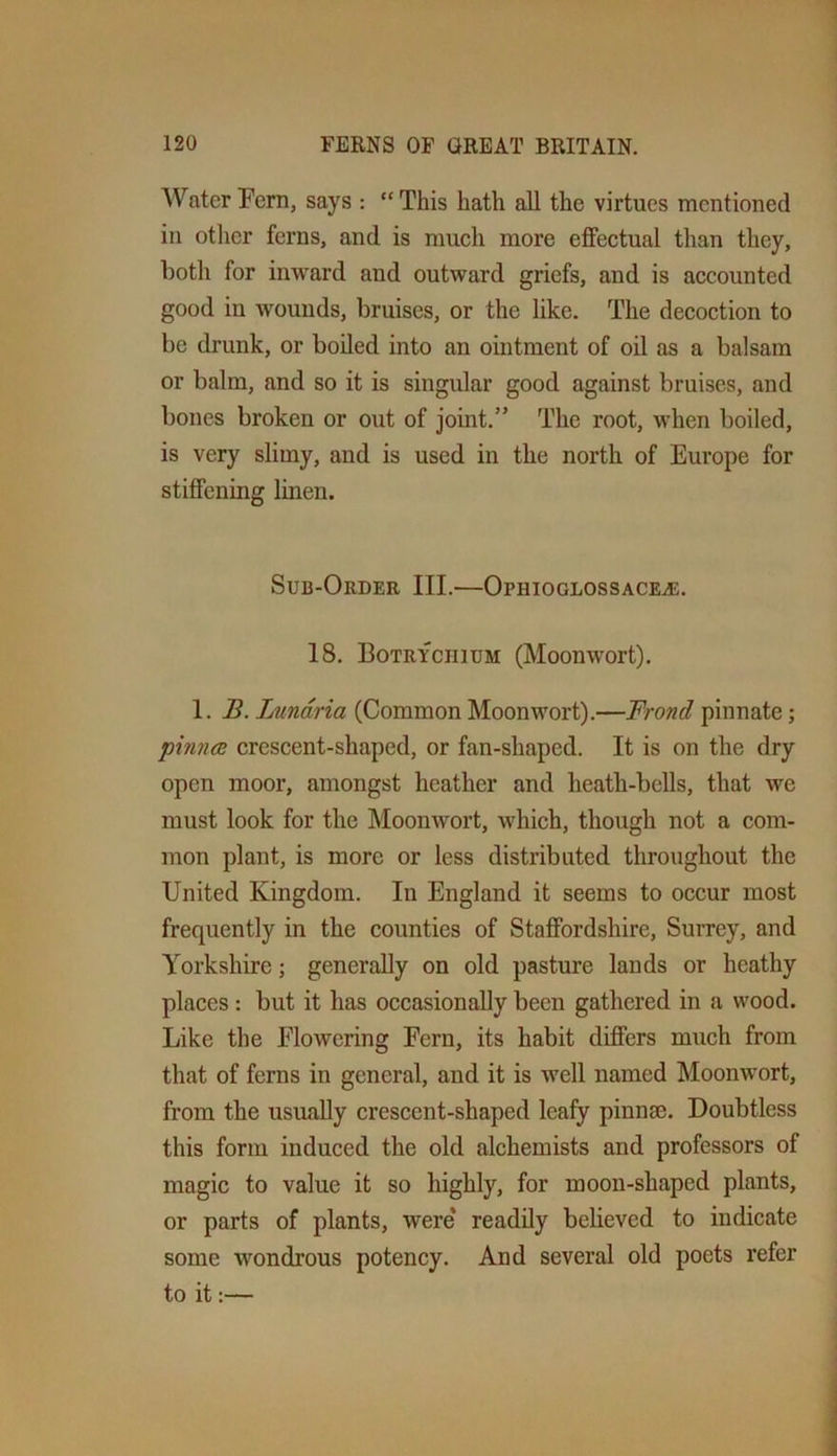 AVatcrFern, says : “This hath all the virtues mentioned in otlier ferns, and is much more effectual than they, both for inward and outward griefs, and is accounted good in wounds, bruises, or the like. The decoction to be drunk, or boiled into an ointment of oil as a balsam or balm, and so it is singular good against bruises, and bones broken or out of joint.” The root, M’hen boiled, is very slimy, and is used in the north of Europe for stiffening linen. Sub-Order III.—Ophioglossace.<e. 18. Botrychium (Moonwort). 1. B. Lundria (Common Moonwort).—Frond pinnate; pinncB crescent-shaped, or fan-shaped. It is on the dry open moor, amongst heather and lieath-bells, that we must look for the Moonwort, which, though not a com- mon plant, is more or less distributed throughout the United Kingdom. In England it seems to occur most frequently in the counties of Staffordshire, Surrey, and Yorkshire; generally on old pasture lands or heathy places: but it has occasionally been gathered in a wood. Like the Flowering Fern, its habit differs much from that of ferns in general, and it is well named Moonwort, from the usually crescent-shaped leafy pinnEe. Doubtless this form induced the old alchemists and professors of magic to value it so highly, for moon-shaped plants, or parts of plants, were readily believed to indicate some wondrous potency. And several old poets refer to it:—