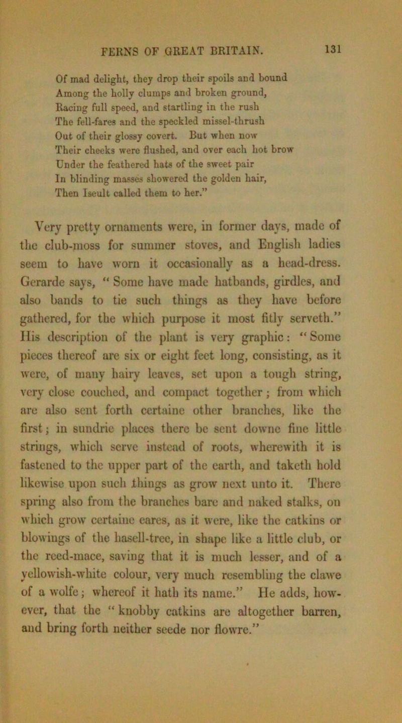 Of mad delight, they drop their spoils and bound Among the holly clumps and broken ground, Racing full speed, and startling in the rush The fell-fares and the speckled missel-thrush Out of their glossy covert. But when now Their cheeks were flushed, and over each hot brow Under the feathered hats of the sweet pair In blinding masses showered the golden hair. Then Iseult called them to her.” Very pretty ornaments were, in former clays, made of the club-moss for summer stoves, and English ladies seem to have worn it occasionally as a head-dress. Gcrarde says, “ Some have made hatbands, girdles, and also bands to tie such things as they have before gathered, for the which purpose it most fitly serveth.” His description of the plant is very graphic: “Some pieces thereof are six or eight feet long, consisting, as it were, of many hairy leaves, set upon a tough string, very close couched, and compact together; from which are also sent forth certaine other branches, like the first; in sundric places there be sent downe fine little strings, which serve instead of roots, wherewith it is fastened to the uj)pcr part of the earth, and taketh hold likewise upon such things as grow next unto it. There spring also from the branches bare and naked stalks, on which grow' certaine cares, as it were, like the catkins or blowings of the hasell-tree, in shape like a little club, or the reed-mace, saving that it is much lesser, and of a yellowish-white colour, very much resembling the claw’e of a wolfe; whereof it hath its name.” He adds, how'- ever, that the “ knobby catkins are altogether barren, and bring forth neither seede nor flow're.”