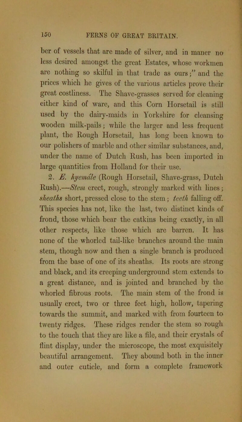 bcr of vessels that are made of silver, and in maner no less desired amongst the great Estates, whose workmen are nothing so skilful in that trade as oursand the prices Avhich he gives of the various articles prove their great costliness. The Shave-grasses served for cleaning either kind of ware, and this Corn Horsetail is still used by the dairy-maids in Yorkshire for cleansing wooden milk-pails; while the larger and less frequent plant, the Rough Horsetail, has long been known to our polishers of marble and other similar substances, and, under the name of Dutch Rush, has been imported in large quantities from Holland for their use. 2. E. hyemdle (Rough Horsetail, Shave-grass, Dutch Rush).—Stem erect, rough, strongly marked with lines; sheaths short, pressed close to the stem; teeth falling off. This species has not, like the last, tAvo distinct kinds of frond, those Avhieh bear the catkins being exactly, in all other respects, like those Avhich are barren. It has none of the whorled tail-like branehes around the main stem, though noAv and then a single branch is produced from the base of one of its sheaths. Its roots are strong and black, and its creeping underground stem extends to a great distance, and is jointed and branched by the AAdiorled fibrous roots. The main stem of the frond is usually erect, tAvo or three feet high, hollow, tapering toAvards the summit, and marked Avith from fourteen to twenty ridges. These ridges render the stem so rough to the touch that they are like a file, and their erystals of flint display, under the microscope, the most exquisitely beautiful arrangement. They abound both in the inner and outer cuticle, and form a complete frameAvork