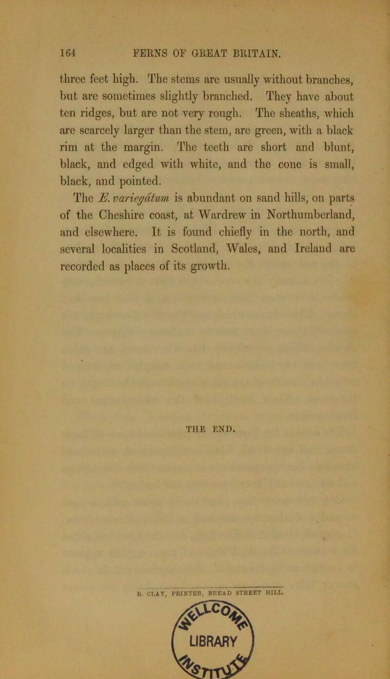 three feet high. The stems are usually without branches, but are sometimes slightly branched. They have about ten ridges, but are not very rough. The sheaths, which are scarcely larger than the stem, arc green, with a black rim at the margin. The teeth are short and blunt, black, and edged with white, and the cone is small, black, and pointed. The E. variegdtmi is abundant on sand hills, on parts of the Cheshire coast, at Wardrew in Northumberland, and elsewhere. It is found chiefly in the north, and several localities in Scotland, Wales, and Ireland are recorded as places of its growth. THE END. R, CT.AT, PRINTER, BREAD STREET HILL.