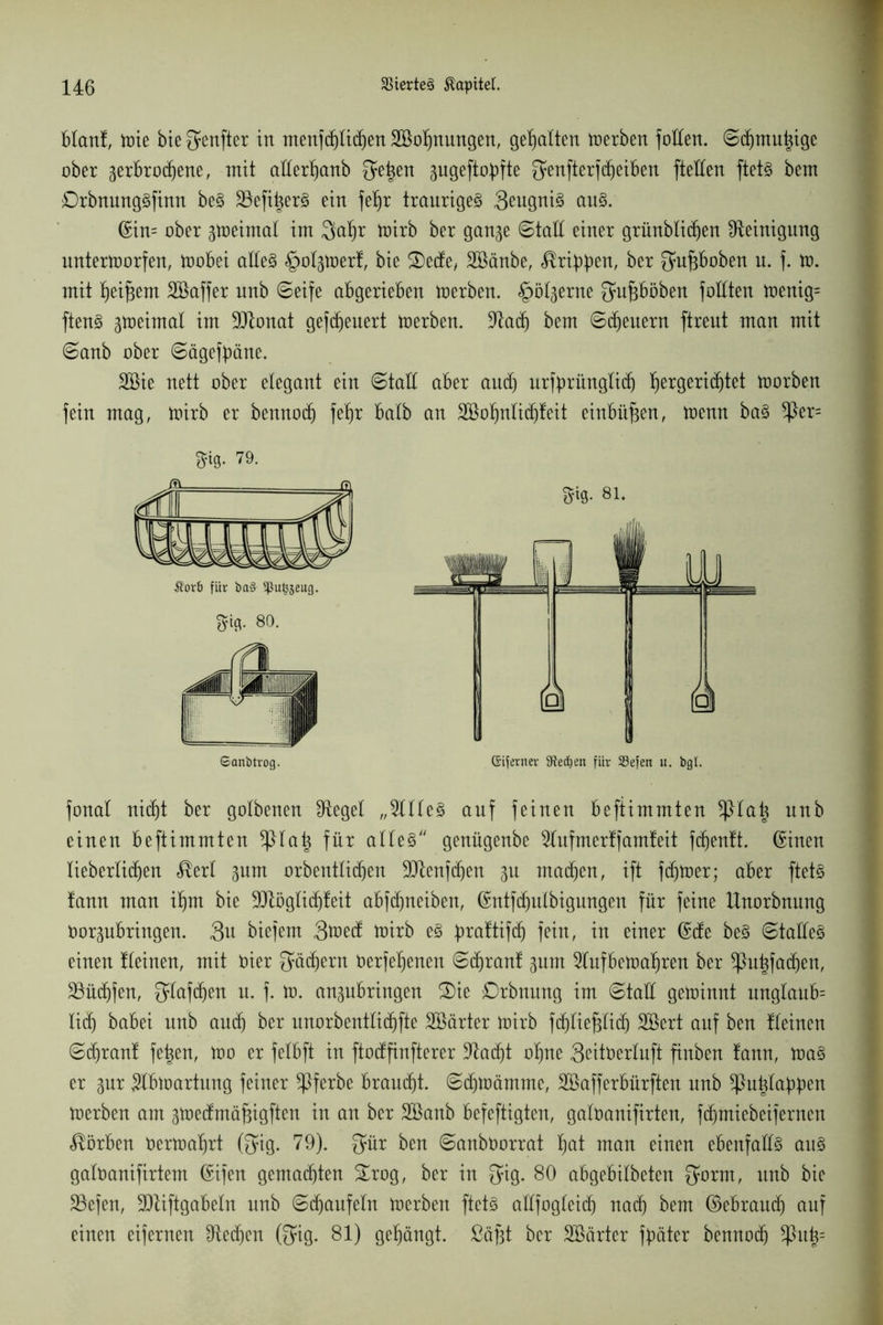 blanf, tote bte ^enfter in menfdjlichen SBohnungen, gehalten werben fallen, Schmutzige ober verbrochene, mit aderhanb 5e^en pgefto^fte genfterfReiben fteHen ftetS bem OrbnungSfinn beS 23efitzerS ein fel)r trauriges 3eugniS aus. ©in= ober zweimal im 3ahr n)irb ber gange Stad einer grünblichen Reinigung unterworfen, Wobei adeS §olgWert, bie S)ede, Söänbe, ^ri^en, ber ^upoben n. f. W. mit heif^m SBaffer nnb Seife abgerieben werben. §ölgerne 3?upöben follten wenig= ftenS gweimal im ddonat gefeuert werben. Sdad) bem Scheuern ftrent man mit Sanb ober Sägetyäne. Söie nett ober elegant ein Stall aber and) urtyrunglidj hetgericfjtet worben fein mag, wirb er bennod) fehr halb an SBohnlichfeit einbüfcen, wenn baS ^)er= fonal nicht ber golbenen IRegel „2llleS auf feinen befiimmten *piah nnb einen beftimmten *piah für alles genügenbe 5lufmertjam!eit fdjenft. ©inen lieberlichen <®erl gum orbentlidien SJlenfdjen gu machen, ift fdjwer; aber ftetS lann man ihm bie SJtöglichfeit abfdmeiben, ©ntfdjulbigungen für feine Unorbnung Oorgubringen. 3u biefem 3wed wirb eS praftifdj fein, in einer ©de beS Stades einen kleinen, mit oier Rächern oerfehenen Sd)ranf gum ^lufbewaljren ber ^hthfadjen, 23üd)fen, ^lafdhen u. f. W. angubringen 3)ie £>rbnung im Stad gewinnt unglanb= lieh babei nnb audj ber unorbenttichfte SBärter wirb fdjtiefdiäj Söert auf ben kleinen Sdjran! feigen, wo er felbft in ftodfinfterer üftadjt ohne 3^ttoerluft finben !ann, was er gur $06 Wartung feiner ^ferbe braucht. Schwämme, Sßafferbürften nnb ^lutflabben Werben am gwedmäfjigften in an ber Sßanb befeftigten, galoanifirten, fdjmiebeifernen Körben Oerwahrt (3?i'g. 79). 3m fon ©anboorrat hat man einen ebenfalls aus galoanifirtem ©ifen gemachten Srog, ber in 3i$- 80 abgebilbeten 3orm, uttb bie Söefen, 3Dtiftgabeln nnb Schaufeln Werben ftetS allfogleich nad) bem ©ebraud) auf einen eifernen 9ted)en (3ig. 81) gehängt, ßäfjt ber Söärter fpäter bennodh $ui3=