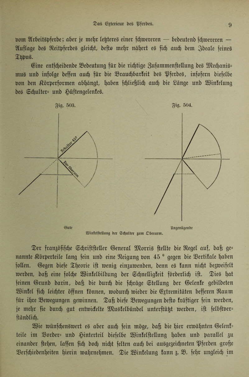 üom 2lrbeit3pferbe; aber je rnepr leptere^ einer fdjtoereren — bebeutenb fchtoereren — Auflage be§ 9teitpferbe3 gleicht, befto rnepr nähert e§ fidj audj bem Sbeale feinet £ppu§. ©ine entfcheibenbe 23ebeutung für bie richtige 3ufammenfteÜung be3 9#echani3= mu§ unb infolge beffen auch für bie 23raudjbarfeit be§ *Pferbe3, infofern biefelbe Oon ben Körperformen abpängt, f)aben fcplief^lich auch bie ßänge unb SBinfelung be§ S(pulter= unb §üftengelenfe§. $ig. 503. ^ig. 504. i @ute Uttgeitiigenbe SBinletftettung ber ©djulter jum Oberarm. £)er franjbfifdhe Sipriftfteller ©eneral 9Jtorri§ fteHte bie Siegel auf, baf3 ge= nannte Körperteile lang fein unb eine Neigung Don 45 0 gegen bie 23ertifate paben füllen, ©egen biefe Speorie ift toenig ein^utoenben, benn e§ !ann nicht be^toeifelt werben, bajs eine foldje Söinfelbilbung ber (Schnelligkeit förberlitp ift. £)ie§ pat feinen ©runb barin, ba§ bie burdj bie ftpräge (Stellung ber ©elenfe gebilbeten Söinfel ficf) leichter öffnen fömten, raoburcp toieber bie ©jtremitäten befferen staunt für ipre ÜBetoegungen gewinnen. 2)ajs biefe 23emegungen befto kräftiger fein toerben, je ntepr fie burcp gut enttoicfelte 5Dlu§!elbünbel unterftüpt derben, ift felbftöer= ftänblitp. 2öie toünfcpen^toert e3 aber aud) fein möge, bafs bie k)ier ermähnten ©elen!= teile im 23orber= unb Hinterteil biefelbe SBinfelftellung paben unb parallel 3U einanber ftepen, laffen fiep hoch nidht feiten aucp bei au^gejeichneten ^ferben grope 23erf(piebenpeiten pierin maprnepmen. Süe Söinlelung fann 3. 23. fepr ungleich im