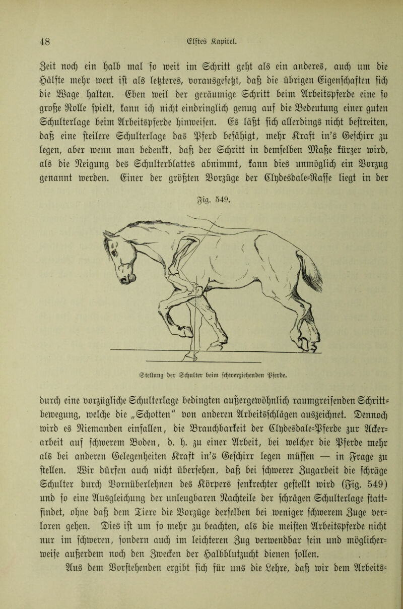 Seit noM ein Ijalb mal fo meit int ©djritt geljt als ein anbereS, auM um bie <£>älfte meljr mert ift als leideres, öorauSgefe|t, bajj bie übrigen ©igenfMaften fidj bie 2öage galten. (£ben meit ber geräumige ©dfiritt beim 2trbeitSf)ferbe eine fo grofje 9toEe fyielt, fann icf) niMt einbringliM genug auf bie 23ebeutung einer guten ©Muttertage beim 2lrbeitSbferbe fjinmeifen. @3 läf$t ficf) aEerbingS niMt beftreiten, bafj eine fteitere ©Muttertage baS *Pferb befähigt, meljr $raft in’S ©efMirr gu legen, aber menn man bebenlt, ba^ ber ©djritt in bemfelben Sttafje fürder mirb, al§ bie Neigung beS ©Mutterblattes abnimmt, !ann bieS unmogtiM ein ^or^ug genannt merben. Gciner ber größten S^orpge ber (£tt)beSbale=$taffe liegt in ber $tg. 549. burdj eine öorpgli^e ©Muttertage bebingten aufjergemotjnliM ranmgreifenben ©Mritt= bemegung, metMe bie „©Motten Oon anberen 2trbeitSfMlägen auSgeiMuet. 2)ennoM mirb es ÜEiemanben einfallen, bie SSrauMbarfeit ber (£tt)beSbate=^ßferbe gur 2lcfer= arbeit auf fMmerem SBoben, b. % gu einer Arbeit, bei meftfjer bie ^}ferbe meljr als bei anberen ©elegenljeiten $raft in’S ©efMirr legen müffen — in $rage gu ftellen. 2Bir bürfen auM niMt überfein, bafj bei fMmerer Sugarbeit bie fM^öge ©Mutter burM ^ornüberteljnen beS ^ör^erS fenlreMter gefteEt mirb ©ig. 549) unb fo eine 2tuSgleiMung ber unleugbaren ÜEaMteile ber fMrägen ©Muttertage ftatt= finbet, oljne bafj bem Stiere bie SSor^üge berfelben bei meniger fMmerem Suge fcer= loren geljen. ®ieS ift um fo meljr gu beaMten, als bie meiften 2trbeitSf)ferbe niMt nur im fMmeren, fonbern auM im leiMteren Sug Dermenbbar fein unb mögliMer= meife aufjerbem noM ben Sieden ber §albblutpMt bienen foEen. 9tuS bem SSorfteljenben ergibt fiM für uns bie ßeljre, bafj mir bem 2trbeitS=