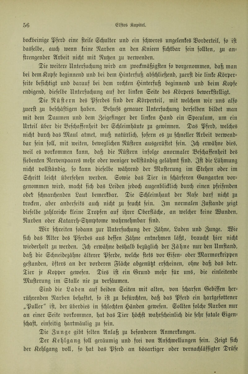 bockbeinige *Pferb eine fteile ©djulter unb ein ferneres ungelenfeS löorberteit, fo ift betreibe, auch menn feine Farben an ben $nieen fic^tbar fein foCCten, gu an= ftrengenber Arbeit nicht mit 9ht|en gu öermenben. 3)ie meitere Unterfuchung toirb am gmedkmäfjigften fo öorgenommen, ba£ man bei bem $obfe beginnenb nnb bei bem §interfuf3 abfchliefjenb, guerft bie linfe <®örber= feite befidjtigt nnb baranf bei bem rechten §interfn§ beginnenb unb beim $obfe enbigenb, biefelbe Unterfuchung auf ber linfen ©eite beS Körpers bemerffteEigt. 2)ie Lüftern beS ^PferbeS finb ber <®örberteit, mit melche-m mir uns alfo guerft gu befdjäftigen fjaben. ^Behufs genauer Unterfuchung berfelben bitbet man mit bem Daumen unb bem 3etgefinger ber linfen §anb ein ©öeculum, um ein Urteil über bie 23efd)affenf)eit ber ©chleimhäute gu geminnen. ü£)aS *Pferb, melcheS nicht burch baS Ettaul atmet, mufj natürlich, fofern eS gu fdjneEer Arbeit öermenb= bar fein fott, mit meiten, bemeglicheit Lüftern auSgerüftet fein. 3ch ermähne bieS, meit es Oorfommen tann, bafj bie Lüftern infolge anormaler SSefchaffenheit beS fiebenten ÜEerOenbaareS mehr ober meniger ooEftänbig gelähmt finb. 3ft bie ßähmung nicht OoEftänbig, fo tann biefelbe mährenb ber -Ölufterung im ©tehen ober im ©djritt leicht überfein merben. ©omie baS £ier in fdjärferen ©angarten 0or= genommen mirb, macht fidh baS ßeiben jeboch augenblicklich bnrd) einen pfeifenben obet fdjnarchenben ßaut bemertbar. 2)ie ©djleimhaut ber 3^afe barf nicht gu troefen, aber anberfeits auch nidht gu feudht fein. 3m normalen 3uftanbe geigt biefelbe gasreiche fleine £rof)fen auf ihrer Oberfläche, an meldjer teine SBunben, Farben ober <$atarrh=6bm{)tome mahrnehmbar finb. 2Bir fdjreiten fobann gur Unterfuchung ber 3ühtte, ßaben nnb 3unge. SBie fidh baS bitter beS ^PferbeS aus beffen 3äf)tm entnehmen läßt, braucht hter nicht mieberholt gn merben. 3dj ermähne beShalb begüglidj ber 3 äh tu nur ben Umftanb, ba^ bie ©djneibegähne älterer *Pferbe, melche ftetS Oor ©ifen= ober ÜDlarmorfribbeo geftanben, öfters an ber Oorberen fläche abgenü|t erfdjeinen, ohne bafj baS betr. £ier je Jobber gemefen. S)ieS ift ein ©runb mehr für uns, bie einleitenbe SJtufterung im ©taEe nie gu oerfäumen. ©inb bie Öaben auf beiben ©eiten mit alten, Oon fdjarfen ©ebiffen fyx- rührenben Farben behaftet, fo ift gn befürchten, bafj baS *Pferb ein fjartgefottener „*PuEer ift, ber überbieS in fehleren £änben gemefen. ©oEten foldje Farben nur an einer ©eite oorfommen, fmt baS £ier fjöchft mahrfcheinlich bie fehr fatale ©igen= fdjaft, einfeitig hartmäulig gn fein. S)ie 3unge gibt feiten ^Inlafj gn befonberen 2fnmerf ungen. £>er ^ehlgang foE geräumig unb frei Oon StnfdjmeEungen fein. 3etgt fidh ber ^ehlgang OoE, fo b)at baS *Pferb an bösartiger ober Oernadhläffigter £>rüfe