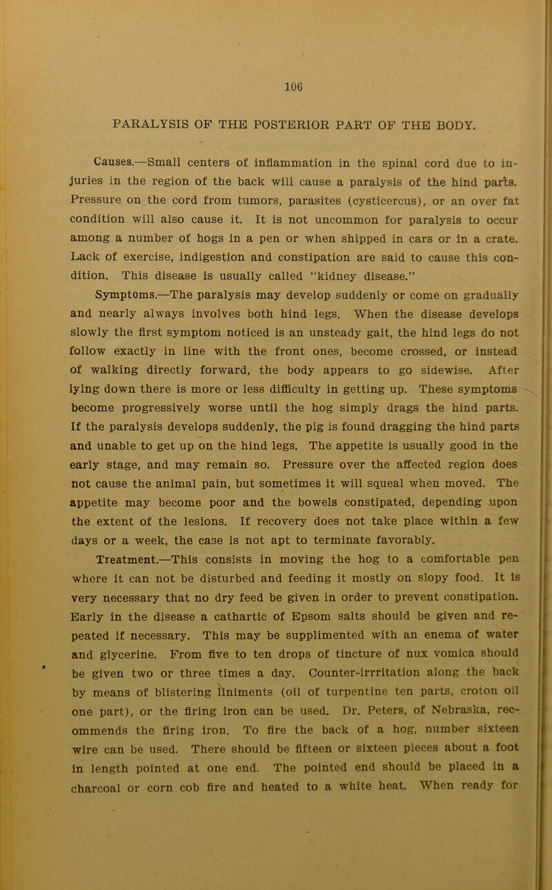 PARALYSIS OP THE POSTERIOR PART OP THE BODY. Causes.—Small centers of inflammation in the spinal cord due to in- juries in the region of the back will cause a paralysis of the hind parts. Pressure on the cord from tumors, parasites (cysticercus), or an over fat condition will also cause it. It is not uncommon for paralysis to occur among a number of hogs in a pen or when shipped in cars or in a crate. Lack of exercise, indigestion and constipation are said to cause this con- dition. This disease is usually called “kidney disease.” Symptoms.—The paralysis may develop suddenly or come on gradually and nearly always involves both hind legs. When the disease develops slowly the first symptom noticed is an unsteady gait, the hind legs do not follow exactly in line with the front ones, become crossed, or instead of walking directly forward, the body appears to go sidewise. After lying down there is more or less difficulty in getting up. These symptoms become progressively worse until the hog simply drags the hind parts. If the paralysis develops suddenly, the pig is found dragging the hind parts and unable to get up on the hind legs. The appetite is usually good in the early stage, and may remain so. Pressure over the affected region does not cause the animal pain, but sometimes it will squeal when moved. The appetite may become poor and the bowels constipated, depending upon the extent of the lesions. If recovery does not take place within a few days or a week, the case is not apt to terminate favorably. Treatment.—This consists in moving the hog to a comfortable pen where it can not be disturbed and feeding it mostly on slopy food. It Is very necessary that no dry feed be given in order to prevent constipation. Early in the disease a cathartic of Epsom salts should be given and re- peated if necessary. This may be supplimented with an enema of water and glycerine. From five to ten drops of tincture of nux vomica should be given two or three times a day. Counter-irrritation along the back by means of blistering liniments (oil of turpentine ten parts, croton oil one part), or the firing iron can be used. Dr. Peters, of Nebraska, rec- ommends the firing iron. To fire the back of a hog, number sixteen wire can be used. There should be fifteen or sixteen pieces about a foot in length pointed at one end. The pointed end should be placed in a charcoal or corn cob fire and heated to a white heat. When ready for