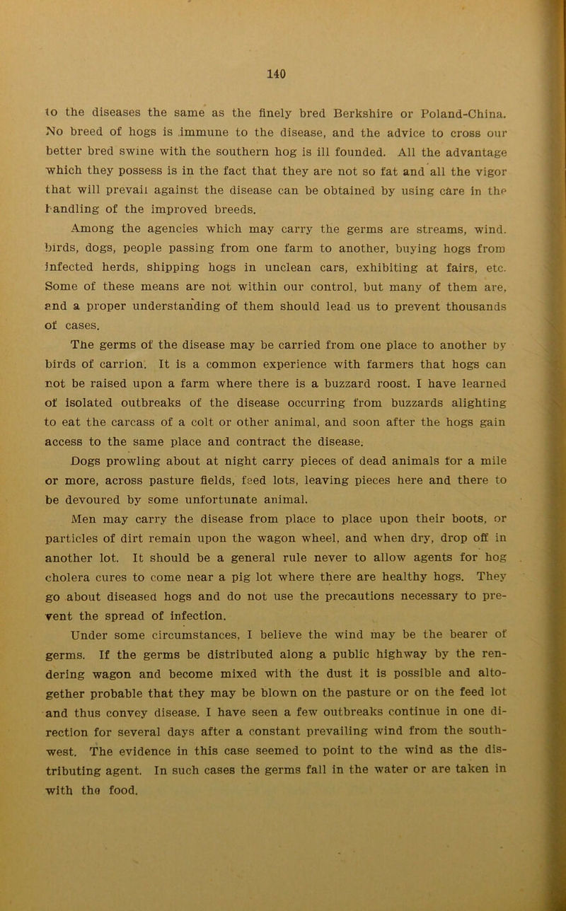 to the diseases the same as the finely bred Berkshire or Poland-China. No breed of hogs is immune to the disease, and the advice to cross our better bred swine with the southern hog is ill founded. All the advantage which they possess is in the fact that they are not so fat and all the vigor that will prevail against the disease can be obtained by using care in the handling of the improved breeds. Among the agencies which may carry the germs are streams, wind, birds, dogs, people passing from one farm to another, buying hogs from infected herds, shipping hogs in unclean cars, exhibiting at fairs, etc. Some of these means are not within our control, but many of them are, and a proper understanding of them should lead us to prevent thousands of cases. The germs of the disease may be carried from one place to another by birds of carrion. It is a common experience with farmers that hogs can not be raised upon a farm where there is a buzzard roost. I have learned of isolated outbreaks of the disease occurring from buzzards alighting to eat the carcass of a colt or other animal, and soon after the hogs gain access to the same place and contract the disease. Dogs prowling about at night carry pieces of dead animals for a mile or more, across pasture fields, feed lots, leaving pieces here and there to be devoured by some unfortunate animal. Men may carry the disease from place to place upon their boots, or particles of dirt remain upon the wagon wheel, and when dry, drop off in another lot. It should be a general rule never to allow agents for hog cholera cures to come near a pig lot where there are healthy hogs. They go about diseased hogs and do not use the precautions necessary to pre- vent the spread of infection. Under some circumstances, I believe the wind may be the bearer of germs. If the germs be distributed along a public highway by the ren- dering wagon and become mixed with the dust it is possible and alto- gether probable that they may be blown on the pasture or on the feed lot and thus convey disease. I have seen a few outbreaks continue in one di- rection for several days after a constant prevailing wind from the south- west. The evidence in this case seemed to point to the wind as the dis- tributing agent. In such cases the germs fall in the water or are taken in with tho food.