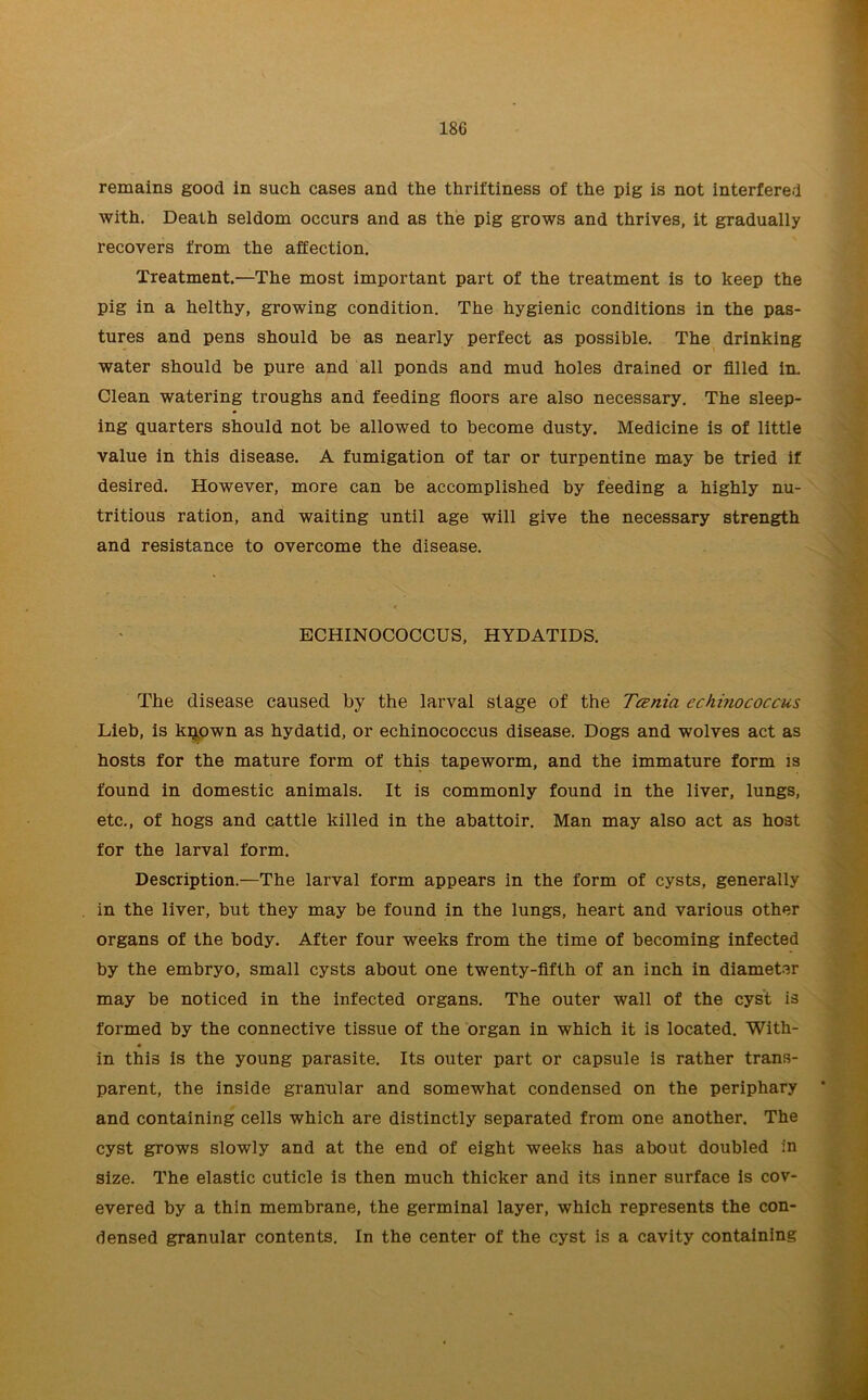 remains good in such cases and the thriftiness of the pig is not interfered with. Death seldom occurs and as the pig grows and thrives, it gradually recovers from the affection. Treatment.—The most important part of the treatment is to keep the pig in a helthy, growing condition. The hygienic conditions in the pas- tures and pens should he as nearly perfect as possible. The drinking water should be pure and all ponds and mud holes drained or filled in. Clean watering troughs and feeding floors are also necessary. The sleep- ing quarters should not be allowed to become dusty. Medicine is of little value in this disease. A fumigation of tar or turpentine may be tried if desired. However, more can be accomplished by feeding a highly nu- tritious ration, and waiting until age will give the necessary strength and resistance to overcome the disease. ECHINOCOCCUS, HYDATIDS. The disease caused by the larval stage of the Tania echinococcus Lieb, is kpown as hydatid, or echinococcus disease. Dogs and wolves act as hosts for the mature form of this tapeworm, and the immature form is found in domestic animals. It is commonly found in the liver, lungs, etc., of hogs and cattle killed in the abattoir. Man may also act as host for the larval form. Description.—The larval form appears in the form of cysts, generally in the liver, but they may be found in the lungs, heart and various other organs of the body. After four weeks from the time of becoming infected by the embryo, small cysts about one twenty-fifth of an inch in diameter may be noticed in the infected organs. The outer wall of the cyst is formed by the connective tissue of the organ in which it is located. With- in this is the young parasite. Its outer part or capsule is rather trans- parent, the inside granular and somewhat condensed on the periphary and containing cells which are distinctly separated from one another. The cyst grows slowly and at the end of eight weeks has about doubled in size. The elastic cuticle is then much thicker and its inner surface is cov- evered by a thin membrane, the germinal layer, which represents the con- densed granular contents. In the center of the cyst is a cavity containing