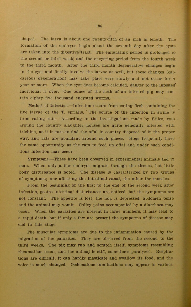 shaped. The larva is about one twenty-fifth of an inch in length. The formation of the embryos begin about the seventh day after the cysts are taken into the digestive tract. The emigrating period is prolonged to the second or third week, and the encysting period from the fourth week to the third month. After the third month degenerative changes begin in the cyst and finally involve the larvae as well, but these changes (cal- careous degeneration) may take place very slowly and not occur for a year or more. When the cyst does become calcified, danger to the infested* individual is over. One ounce of the flesh of an infested pig may con- tain eighty five thousand encysted worms. Method of Infection.—Infection occurs from eating flesh containing the live larvae of the T. sprialis. The source of the infection in swine is from eating rats. According to the investigations made by Stiles, rats around the country slaughter houses are quite generally infested with trichina, as it is rare to find the offal in country disposed of in the proper way, and rats are abundant around such places. Hogs frequently have \ the same opportunity as the rats to feed on offal and under such condi- tions infection may occur. Symptoms.—These have been observed in experimental animals and in man. When only a few embryos migrate through the tissues, but little body disturbance is noted. The disease is characterized by two groups of symptoms; one affecting the intestinal canal, the other the muscles. Prom the beginning of the first to the end of the second week afte” infection, gastro intestinal disturbances are noticed, but the symptoms are not constant. The appetite is lost, the hog is depressed, abdomen tense and the animal may vomit. Colicy pains accompanied by a diarrhoea may occur. When the parasites are present in large numbers, it may lead to a rapid death, but if only a few are present the sympotms of disease may end in this stage. The muscular symptoms are due to the inflammation caused by the migration of the parasites. They are observed from the second to the third weeks. The pig may rub and scratch itself, symptoms resembling rheumatism occur, and the animal is stiff, sometimes paralyzed. Respira- tions are difficult, it can hardly masticate and swallow its food, and the voice is much changed. Oedematous tumifactions may appear in various