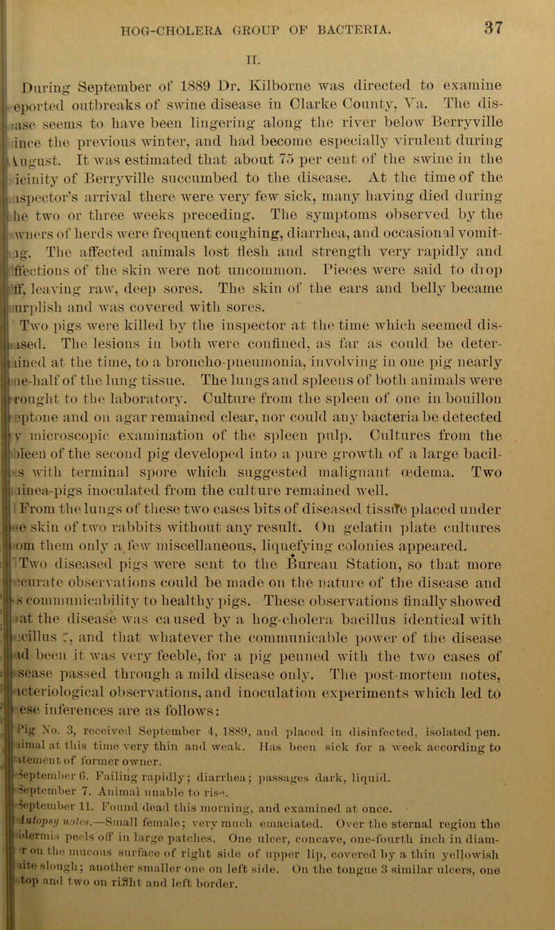 ii. During September of 1889 Dr. Kilborne was directed to examine t eported outbreaks of swine disease in Clarke County, Ya. The dis- : sase seems to have been lingering along the river below Berryville ince the previous winter, and had become especially virulent during | August. It was estimated that about 75 per cent of the swine in the icinity of Berryville succumbed to the disease. At the time of the j ispector’s arrival there were very few sick, many having died during he two or three weeks preceding. The symptoms observed by the wners of herds were frequent coughing, diarrhea, and occasional vomit- jig. The affected animals lost flesh and strength very rapidly and flections of the skin were not uncommon. Pieces were said to drop ff, leaving raw, deep sores. The skin of the ears and belly became urplisli and was covered with sores. Two pigs were killed by the inspector at the time which seemed dis- lased. The lesions in both were confined, as far as could be deter- lined at the time, to a broncho-pneumonia, involving in one pig nearly tie-half of the lung tissue. The lungs and spleens of botli animals were rouglit to the laboratory. Culture from the spleen of one in bouillon eptone and on agar remained clear, nor could any bacteria be detected y microscopic examination of the spleen pulp. Cultures from the fleen of the second pig developed into a pure growth of a large bacil- \S with terminal spore which suggested malignant oedema. Two l| linea-pigs inoculated from the culture remained well. From the lungs of these two cases bits of diseased tissiTe placed under ue skin of two rabbits without any result. On gelatin plate cultures orn them only a few miscellaneous, liquefying colonies appeared. Two diseased pigs were sent to the Bureau Station, so that more ^curate observations could be made on the nature of the disease and s communicability to healthy pigs. These observations finally showed a at the disease was caused by a hog-cholera bacillus identical with icillus f, and that whatever the communicable power of the disease ul been it was very feeble, for a pig penned with the two cases of sease passed through a mild disease only. The post-mortem notes, icteriological observations, and inoculation experiments which led to ese inferences are as follows: Pig ^No. 3, received September 4, 1889, and placed in disinfected, isolated pen. limal at tliis time very thin and weak. Has been sick for a week according to itementof former owner. September 6. Failing rapidly; diarrhea; passages dark, liquid. September 7. Animal unable to rise. September 11. Found dead this morning, and examined at once. Autopsy notes.—Small female; very much emaciated. Over the sternal region the idermis peels oil in large patches. One ulcer, concave, oue-fourth inch in diam- ■r on the mucous surface of right side of upper lip, covered by a thin yellowish hte slough; another smaller one on left side. On the tongue 3 similar ulcers, one top and two on riSht and left border.