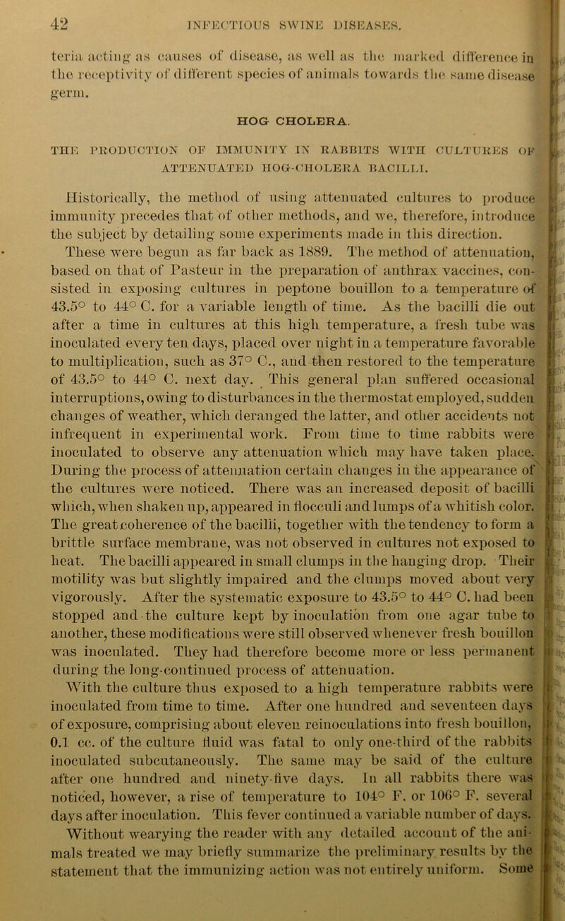 teria acting as causes of disease, as well as the marked difference in u, flic receptivity of different species of animals towards the same disease germ. r HOG CHOLERA. THE PRODUCTION OF IMMUNITY IN RABBITS WITH CULTURES OF ATTENUATED HOG-CHOLERA BACILLI. Historically, tlie method of using attenuated cultures to produce immunity precedes that of other methods, and we, therefore, introduce the subject by detailing some experiments made in this direction. These were begun as far back as 1889. The method of attenuation, based on that of Pasteur in the preparation of anthrax vaccines, con- sisted in exposing cultures in peiitone bouillon to a temperature of 43.5° to 44° C. for a variable length of time. As the bacilli die out after a time in cultures at this high temperature, a fresh tube was inoculated every ten days, placed over night in a temperature favorable to multiplication, such as 37° C., aud then restored to the temperature of 43.5° to 44° 0. next day. This general plan suffered occasional interruptions, owing to disturbances in the thermostat employed, sudden changes of weather, which deranged the latter, and other accidents not infrequent in experimental work. From time to time rabbits were inoculated to observe any attenuation which may have taken place. During the process of attenuation certain changes in the appearance of the cultures were noticed. There was an increased deposit of bacilli which, when shaken up, appeared in liocculi and lumps of a whitish color. The great coherence of the bacilli, together with the tendency to form a brittle surface membrane, was not observed in cultures not exposed to heat. The bacilli appeared in small clumps in the hanging drop. Their motility was but slightly impaired aud the clumps moved about very vigorously. After the systematic exposure to 43.5° to 44° 0. had been stopped and the culture kept by inoculation from one agar tube to another, these modifications were still observed whenever fresh bouillon was inoculated. They had therefore become more or less permanent during the long-continued process of attenuation. With the culture thus exposed to a high temperature rabbits were inoculated from time to time. After one hundred and seventeen days of exposure, comprising about eleven reinoculations into fresh bouillon, 0.1 cc. of the culture fluid was fatal to only one-third of the rabbits inoculated subcutaneously. The same may be said of the culture after one hundred and ninety-five days. In all rabbits there was noticed, however, a rise of temperature to 104° F. or 10C° F. several days after inoculation. This fever continued a variable number of days. Without wearying the reader with any detailed account of the ani- mals treated we may briefly summarize the preliminary results by the statement that the immunizing action was not entirely uniform. Some i T? t m I |i If 1 ffl I - tv 1A