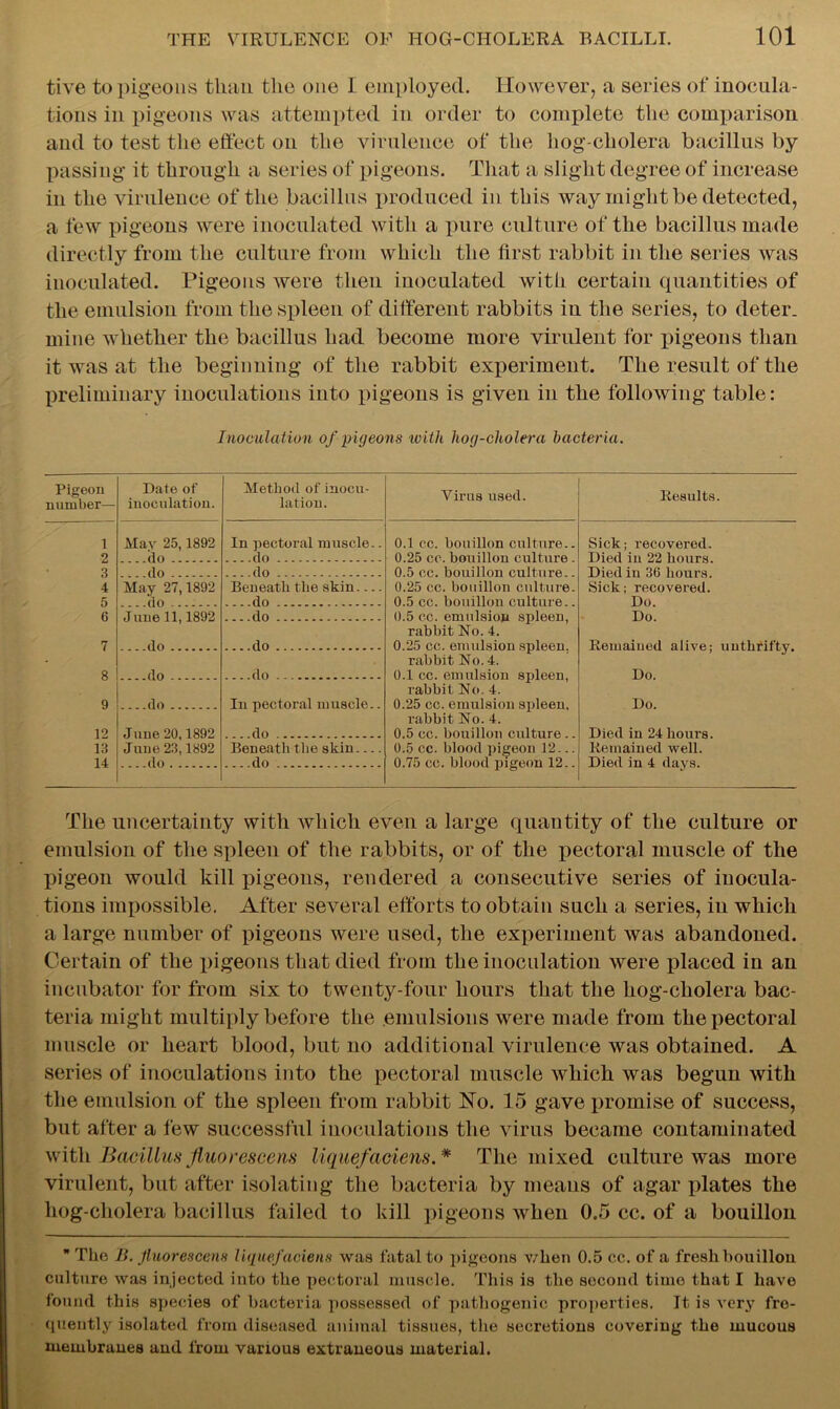 tive to pigeons than the one I employed. However, a series of inocula- tions in pigeons was attempted in order to complete the comparison and to test the effect on the virulence of the hog-cholera bacillus by passing it through a series of pigeons. That a slight degree of increase in the virulence of the bacillus produced in this way might be detected, a few pigeons were inoculated with a pure culture of the bacillus made directly from the culture from which the first rabbit in the series was inoculated. Pigeons were then inoculated with certain quantities of the emulsion from the spleen of different rabbits in the series, to deter, mine whether the bacillus had become more virulent for pigeons than it was at the beginning of the rabbit experiment. The result of the preliminary inoculations into pigeons is given in the following table: Inoculation of pigeons with hog-cholera bacteria. Pigeon number— Date of inoculation. Method of inocu- lation. Virus used. Results. 1 May 25,1892 In pectoral muscle.. 0.1 cc. bouillon culture.. Sick; recovered. 2 3 do do 0.25 cc. bouillon culture. Died in 22 hours. Died in 36 hours. Sick; recovered. flo _ . .... do 0.5 cc. bouillon culture.. 4 May 27,1892 Beneath the skin 0.25 cc. bouillon culture. 5 do ... .do 0.5 cc. bouillon culture.. Do. 6 June 11,1892 do 0.5 cc. emulsion spleen, rabbit No. 4. Do. 7 do do 0.25 cc. emulsion spleen, rabbit No. 4. Remaiued alive; unthrifty. 8 do do 0.1 cc. emulsion spleen, rabbit No. 4. Do. 9 do In pectoral muscle.. 0.25 cc. emulsion spleen, rabbit No. 4. Do. 12 June 20,1892 do 0.5 cc. bouillon culture .. Died in 24 hours. 13 Juue 23,1892 Beneath the skin 0.5 cc. blood pigeon 12... Remaiued well. 14 do do 0.75 cc. blood pigeon 12.. Died in 4 days. The uncertainty with which even a large quantity of the culture or emulsion of the spleen of the rabbits, or of the pectoral muscle of the pigeon would kill pigeons, rendered a consecutive series of inocula- tions impossible. After several efforts to obtain such a series, in which a large number of pigeons were used, the experiment was abandoned. Certain of the pigeons that died from the inoculation were placed in an incubator for from six to twenty-four hours that the hog-cholera bac- teria might multiply before the emulsions were made from the pectoral muscle or heart blood, but no additional virulence was obtained. A series of inoculations into the pectoral muscle which was begun with the emulsion of the spleen from rabbit No. 15 gave promise of success, but after a few successful inoculations the virus became contaminated with Bacillus Jiuorescem liquefaciens. * The mixed culture was more virulent, but after isolating the bacteria by means of agar plates the liog-cholera bacillus failed to kill pigeons Avhen 0.5 cc. of a bouillon * Tho B. Jluorescens liquefaciens was fatal to pigeons when 0.5 ec. of a fresh bouillon culture was injected into the pectoral muscle. This is the second time that I have found this species of bacteria possessed of pathogenic properties. It is very fre- quently isolated from diseased animal tissues, the secretions covering the mucous membranes and from various extraneous material.