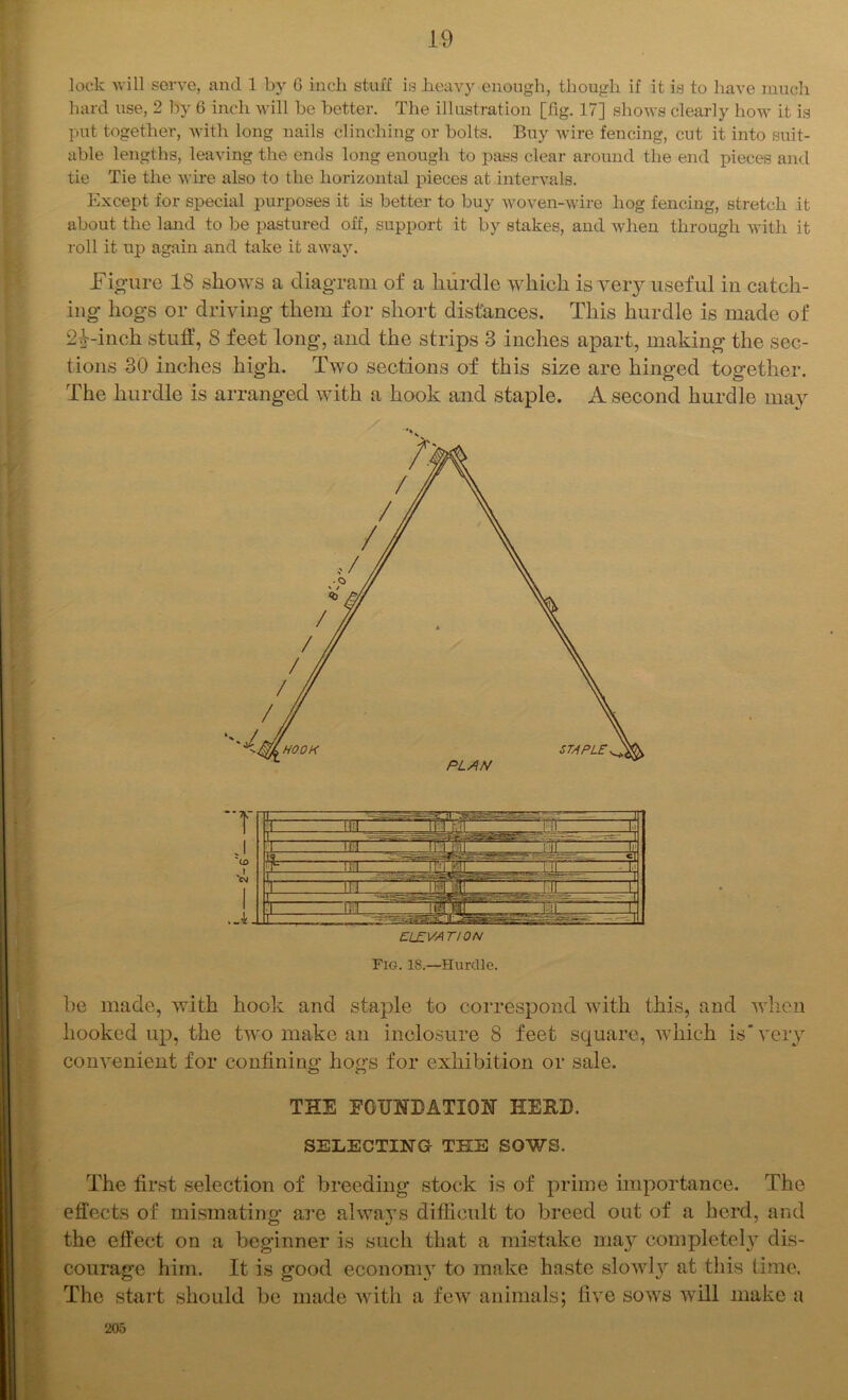 lock will serve, and 1 by 6 inch stuff is heavy enough, though if it is to have much hard use, 2 by 6 inch will be better. The illustration [fig. 17] shows clearly how it is put together, with long nails clinching or bolts. Buy wire fencing, cut it into suit- able lengths, leaving the ends long enough to pass clear around the end pieces and tie Tie the wire also to the horizontal pieces at intervals. Except for special purposes it is better to buy woven-wire hog fencing, stretch it about the land to be pastured off, support it by stakes, and when through with it roll it up again and take it away. Figure 18 shows a diagram of a hurdle which is very useful in catch- ing hogs or driving them for short distances. This hurdle is made of 2^-inch stuff, 8 feet long, and the strips 3 inches apart, making the sec- tions 30 inches high. Two sections of this size are hinged together. The hurdle is arranged with a hook and staple. A second hurdle may ELEVATION Fig. 18.—Hurdle. be made, with hook and staple to correspond with this, and when hooked up, the two make an inclosure 8 feet square, which is'very convenient for confining hogs for exhibition or sale. THE FOUNDATION HEED. SELECTING THE SOWS. The first selection of breeding stock is of prime importance. The effects of mismating are always difficult to breed out of a herd, and the effect on a beginner is such that a mistake may completely dis- courage him. It is good econom3r to make haste slowty at this time. The start should be made with a few animals; five sows will make a 205