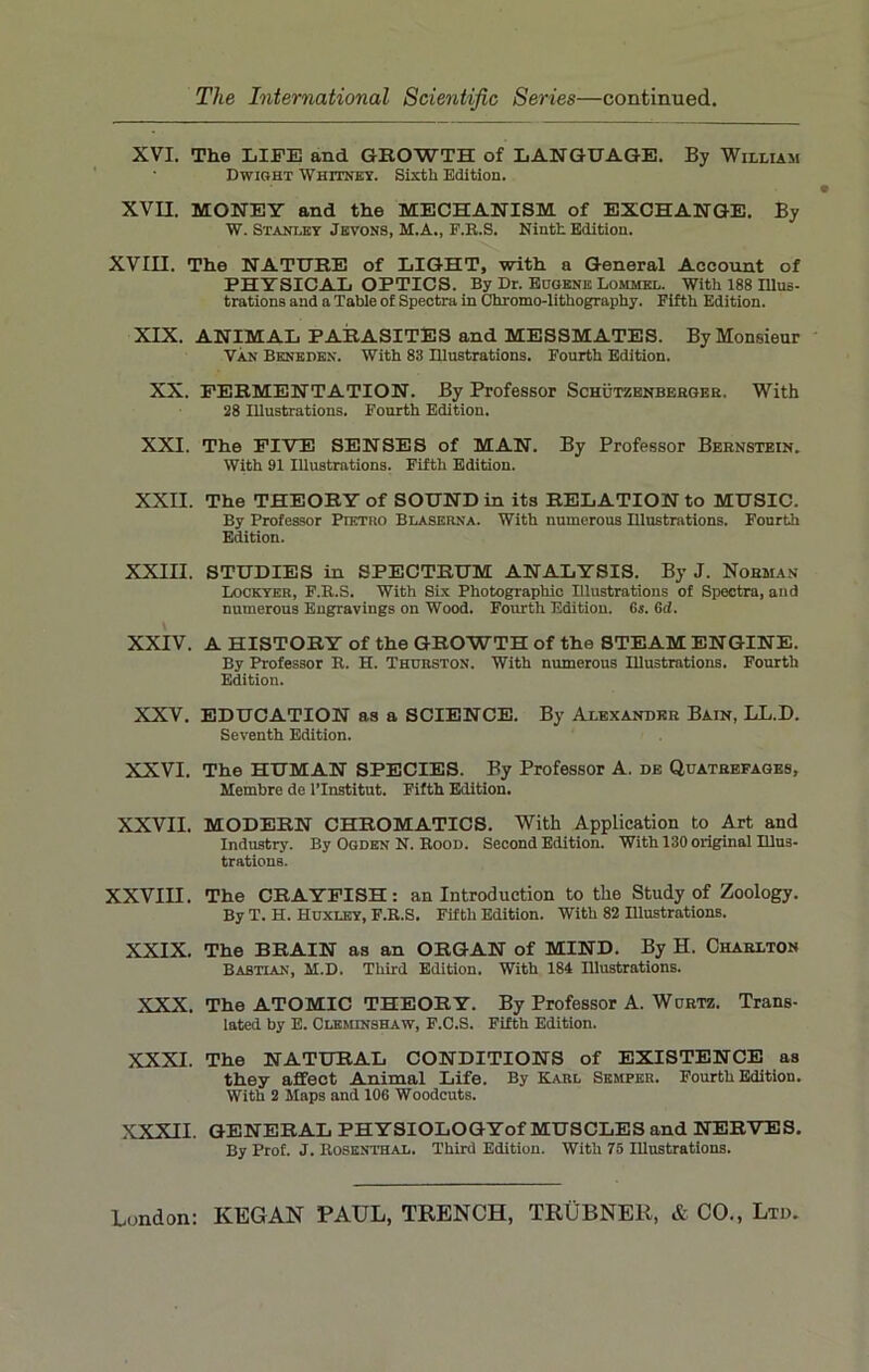 XVI. The LIFE and GROWTH of LANGUAGE. By William Dwight Whitney. Sixth Edition. XVII. MONEY and the MECHANISM of EXCHANGE. By W. Stanley Jevons, M.A., F.R.S. Ninth Edition. XVIII. The NATURE of LIGHT, with a General Account of PHYSICAL OPTICS. By Dr. Eogene Lommel. With 188 Illus- trations and a Table of Spectra in Chromo-lithography. Fifth Edition. XIX. ANIMAL PARASITES and MESSMATES. By Monsieur Van Beneden. With 83 Illustrations. Fourth Edition. XX. FERMENTATION. By Professor Schutzenbbrgbr. With 28 Illustrations. Fourth Edition. XXI. The FIVE SENSES of MAN. By Professor Bernstein. With 91 Illustrations. Fifth Edition. XXII. The THEORY of SOUND in its RELATION to MUSIC. By Professor Pietro Blaserna. With numerous Illustrations. Fourth Edition. XXIII. STUDIES in SPECTRUM ANALYSIS. By J. Norman Lockyer, F.R.S. With Six Photographic Illustrations of Spectra, and numerous Engravings on Wood. Fourth Edition. 6s. 6d. XXIV. A HISTORY of the GROWTH of the STEAM ENGINE. By Professor R. H. Thurston. With numerous Illustrations. Fourth Edition. XXV. EDUCATION as a SCIENCE. By Alexander Bain, LL.D. Seventh Edition. XXVI. The HUMAN SPECIES. By Professor A. de Quathefages, Membre de l’lnstitut. Fifth Edition. XXVII. MODERN CHROMATICS. With Application to Art and Industry'. By Ogden N. Rood. Second Edition. With 130 original Illus- trations. XXVIII. The CRAYFISH: an Introduction to the Study of Zoology. By T. H. Huxley, F.R.S. Fifth Edition. With 82 Illustrations. XXIX. The BRAIN as an ORGAN of MIND. By H. Charlton Bastian, M.D. Third Edition. With 184 Illustrations. XXX. The ATOMIC THEORY. By Professor A. Wurtz. Trans- lated by E. Cleminshaw, F.C.S. Fifth Edition. XXXI. The NATURAL CONDITIONS of EXISTENCE as they affect Animal Life. By Karl Semper. Fourth Edition. With 2 Maps and 106 Woodcuts. XXXII. GENERAL PHYSIOLOGYof MUSCLES and NERVES. By Prof. J. Rosenthal. Third Edition. With 75 Illustrations.