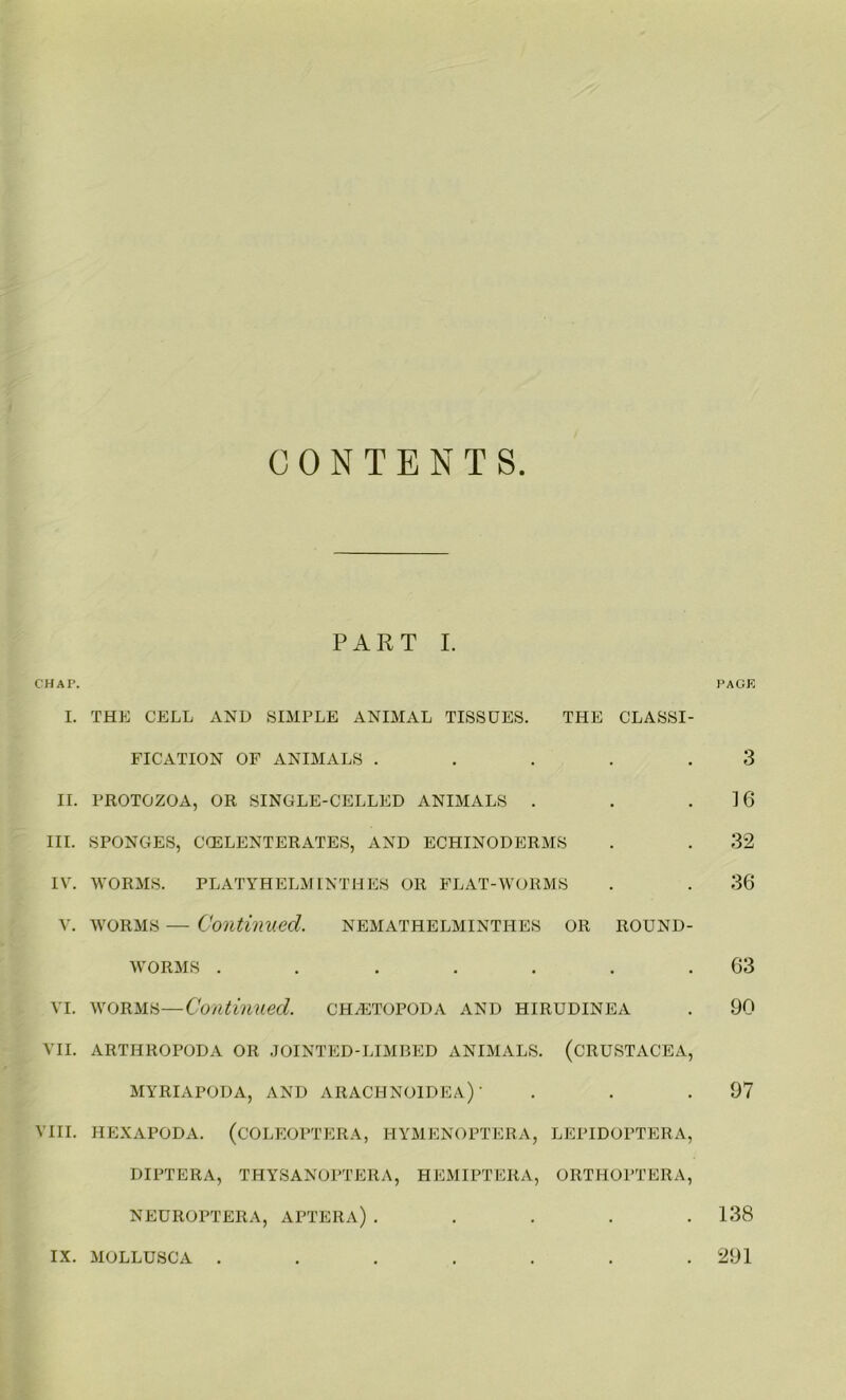 CONTENTS PART I. CHAP. PAGE I. THE CELL AND SIMPLE ANIMAL TISSUES. THE CLASSI- FICATION OF ANIMALS . . . . .3 II. PROTOZOA, OR SINGLE-CELLED ANIMALS . . .16 III. SPONGES, CGELENTERATES, AND ECHINODERMS . . 32 IV. WORMS. PLATYHELMINTHES OR FLAT-WORMS . . 36 v. worms — Continued. nemathelmintiles or round- worms . . . . . . .63 vi. worms—Continued, chtetopoda and hirudinea . 90 VII. ARTHROPODA OR JOINTED-LIMBED ANIMALS. (CRUSTACEA, MYRIAPOD A, AND ARACHNOIDEA) ’ . . .97 VIII. HEXAPODA. (COLEOPTERA, HYMENOPTERA, LEPIDOrTERA, DIPTERA, THYSANOPTERA, HEMIPTERA, ORTHOPTERA, NEUROPTERA, APTERA) . . . . .138 IX. MOLLUSCA ....... 291