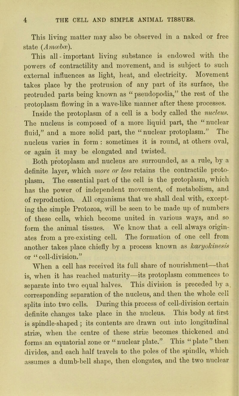 This living matter may also be observed in a naked or free state (Amoebce). This all - important living substance is endowed with the powers of contractility and movement, and is subject to such external influences as light, heat, and electricity. Movement takes place by the protrusion of any part of its surface, the protruded parts being known as “ pseudopodia,” the rest of the protoplasm flowing in a wavedike manner after these processes. Inside the protoplasm of a cell is a body called the nucleus. The nucleus is composed of a more liquid part, the “nuclear fluid,” and a more solid part, the “nuclear protoplasm.” The nucleus varies in form : sometimes it is round, at others oval, or again it may be elongated and twisted. Both protoplasm and nucleus are surrounded, as a rule, by a definite layer, which more or less retains the contractile proto- plasm. The essential part of the cell is the protoplasm, which has the power of independent movement, of metabolism, and of reproduction. All organisms that we shall deal with, except- ing the simple Protozoa, will be seen to be made up of numbers of these cells, which become united in various ways, and so form the animal tissues. We know that a cell always origin- ates from a pre-existing cell. The formation of one cell from another takes place chiefly by a process known as karyokinesis or “cell-division.” When a cell has received its fall share of nourishment—that is, when it has reached maturity—its protoplasm commences to separate into two equal halves. This division is preceded by a corresponding separation of the nucleus, and then the whole cell splits into two cells. During this process of cell-division certain definite changes take place in the nucleus. This body at first is spindle-shaped; its contents are drawn out into longitudinal strife, when the centre of these strife becomes thickened and forms an equatorial zone or “ nuclear plate.” This “ plate ” then divides, and each half travels to the poles of the spindle, which assumes a dumb-bell shape, then elongates, and the two nuclear