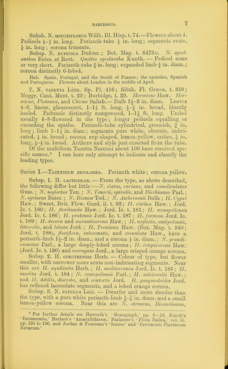 Subsb. N. minutiflorus Willk. 111. Hisp. t. 74.—Flowers about 4. Pedicels |-f in. long. Perianth-tube £ in. long; segments ovate, £ in. long ; corona truncate. Subsp. N. rupicola Dufour.; Bot. Mag. t. 6473c. X. apod- anthus Boiss. et Beut. Queltia apodantha Kunth. — Pedicel none or very short. Perianth-tube £ in. long; expanded limb £ in. diam.; corona distinctly 6-lobed. Hab. Spain, Portugal, and the South of France; the varieties, Spanish and Portuguese. Flowers about London in the middle of April. 7. N. tazetta Linn. Sp. PI. 416; Sibth. FI. Graica, t. 358; Moggr. Cant. Ment. t. 23; Burbidge, t. 29. Hennione Haw. Her- mione, Plateana, and Chiune Salisb.— Bulb l£-2 in. diam. Leaves 4-6, linear, glaucescent, 1-1 i ft. long, £-£ in. broad, bluntly keeled. Peduncle distinctly compressed, 1-1-J- ft. long. Umbel usually 4-8-flowered in the type; longer pedicels equalling or exceeding the spatlie. Periantli-tube cylindrical, greenish, £ in. long; limb 1-11 in. diam; segments pure white, obovate, imbri- cated, ^ in. broad; corona cup-shaped, lemon-yellow, entire, £ in. long, £-£ in. broad. Anthers and style just exserted from the tube. Of the multiform Tazetta Narcissi about 100 have received spe- cific names.* I can here only attempt to indicate and classify the leading types. Series I.—Tazettinle bicolores. Perianth white ; corona yellow. Snbsp. 1. H. lacticolor. — From the type, as above described, the following differ but little :—N. elatus, varians, and canaliculatiis Guss.; N. neglectus Ten.; N. Tenorii, spiralis, and Bicchianus Pari.; X. syriacus Boiss.; X. Bianca Tod.; X. Ascliersonii Bolle ; H. Gypri Haw.; Sweet, Brit. Flow. Gard. ii. t. 92; H. citrina Haw.; Jord. Ic. t. 180 ; H. Jioribunda Haw.; Jord. Ic. t. 181; Pi. monspeliensis Jord. Ic. t. 186; B. pratensis Jord. Ic. t. 187 ; H.formosa Jord. Ic. t. 189 ; H. decora and auranticorona Haw.; H. neglecta, antipolensis, litturalis, and lobata Jord.; PL. Trewiana Haw. (Bot. Mag. t. 940; Jord. t. 188), fiexijlora, suberenata, and cremdata Haw., have a perianth-limb l£-2 in. diam., and a corona £ in. diam.; X. grandi- crenatus Pari., a large deeply-lobed corona; IP. crispicorona Haw. (Jord. Ic. t. 190) and corrugata Jord., a large crisped orange corona. Subsp. 2. H. corcvrensis Herb. — Colour of type, but flower smaller, with narrower more acute non-imbricating segments. Near this are H. aquilimba Herb.; H. mediterranea Jord. Ic. t. 185 ; H. insohta Jord. t. 184 ; N. remopolensis Pari.; H. sxdcicaidis Haw.; and 11. debilis, discrete, and contorta Jord. Id. ganymedoides Jord. has reflexed lanceolate segments, and a lobed orange corona. Subsp. 3. N. patulus Lois. — Dwarfer and more slender than the type, with a pure white perianth-limb £-£ in. diam. and a small lemon-yellow corona. Near this are X. etruscus, Bicasolianm, * For further details see Haworth’s • Monograph,’ pp. 8—12, Kunth's ‘ Enumeratio,’ Herbert’s ‘Amaryllidaceas,’ Parlatore’s ‘Flora Italica,' vol. iii. pp. 125 to 156, and Jordan & Fourreau’s ‘leones’ and ‘Breviarum Plantarum Novarum.’