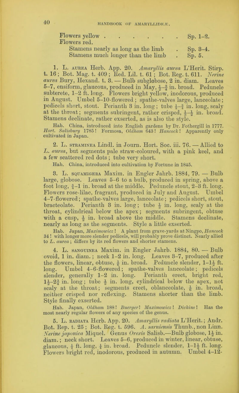 HANDBOOK OP AMARYLLIDK.E. Flowers yellow Sp. 1-2. Flowers red. Stamens nearly as long as the limb . Sp. 3-4. Stamens much longer than the limb . Sp. 5. 1. L. aurea Herb. App. 20. Amaryllis aurea L’Herit. Stirp. t. 16 ; Bot. Mag. t. 409 ; Red. Lil. t. 61 ; Bot. Reg. t. 611. Nerine aurea Bury, Hexand. t. 3. —Bulb subglobose, 2 in. diam. Leaves 5-7, ensiform, glaucous, produced in May, in. broad. Peduncle subterete, 1-2 ft. long. Flowers bright yellow, inodorous, produced in August. Umbel 5-10-fiowered ; spathe-valves large, lanceolate; pedicels short, stout. Perianth 3 in. long; tube in. long, scaly at the throat; segments subringent, rather crisped, \ in. broad. Stamens decimate, rather exserted, as is also the style. Hab. China, introduced into English gardens by Dr. Fothergill in 1777. Hort. Salisbury 1785! Formosa, Oldham 643! Hancock! Apparently only cultivated in Japan. 2. L. straminea Lindl. in Journ. Hort. Soc. iii. 76. — Allied to L. aurea, but segments pale straw-coloured, with a pink keel, and a few scattered red dots ; tube very short. Hab. China, introduced into cultivation by Fortune in 1845. 3. L. squajviigera Maxim, in Engler Jahrb. 1884, 79. — Bulb large, globose. Leaves 5-6 to a bulb, produced in spring, above a foot long, f-1 in. broad at the middle. Peduncle stout, 2-3 ft. long. Flowers rose-lilac, fragrant, produced in July and August. Umbel 4-7-flowered; spathe-valves large, lanceolate; pedicels short, stout, bracteolate. Perianth 3 in. long; tube in. long, scaly at the throat, cylindrical below the apex; segments subringent, obtuse with a cusp, in. broad above the middle. Stamens decimate, nearly as long as the segments. Style a little exserted. Hab. Japan, Maximoioicz ! A plant from grave-yards at Ningpo, Hancock 34 ! with longer more slender pedicels, will probably prove distinct. Nearly allied to L. aurea; differs by its red flowers and shorter stamens. 4. L. sanguine a Maxim, in Engler Jahrb. 1884, 80. — Bulb ovoid, 1 in. diam. ; neck 1-2 in. long. Leaves 3-7, produced after the flowers, linear, obtuse, 4 in. broad. Peduncle slender, 1-14 ft. long. Umbel 4-6-flowered; spathe-valves lanceolate; pedicels slender, generally 1-2 in. long. Perianth erect, bright red, 11-2f in. long ; tube 4 in. long, cylindrical below the apex, not scaly at the throat; segments erect, oblanceolate, ^ in. broad, neither crisped nor reflexing. Stamens shorter than the limb. Style finally exserted. Hab. Japan, Oldham 188! Buerger! Maximowicz\ Dickins\ Has the most nearly regular flowers of any species of the genus. 5. L. radiata Herb. App. 20. Amaryllis radiata L’Herit.; Andr. Bot. Rep. t. 25 ; Bot. Reg. t. 596. A. sarniensis Tlmnb.,non Linn. Nerine japunica Miquel. Genus Orexis Salisb.—Bulb globose, l£in. diam.; neck short. Leaves 5-6, produced in winter, linear, obtuse, glaucous, i ft. long, 4 in. broad. Peduncle slender, 1-1-| ft. long. Flowers bright red, inodorous, produced in autumn. Umbel 4-12-