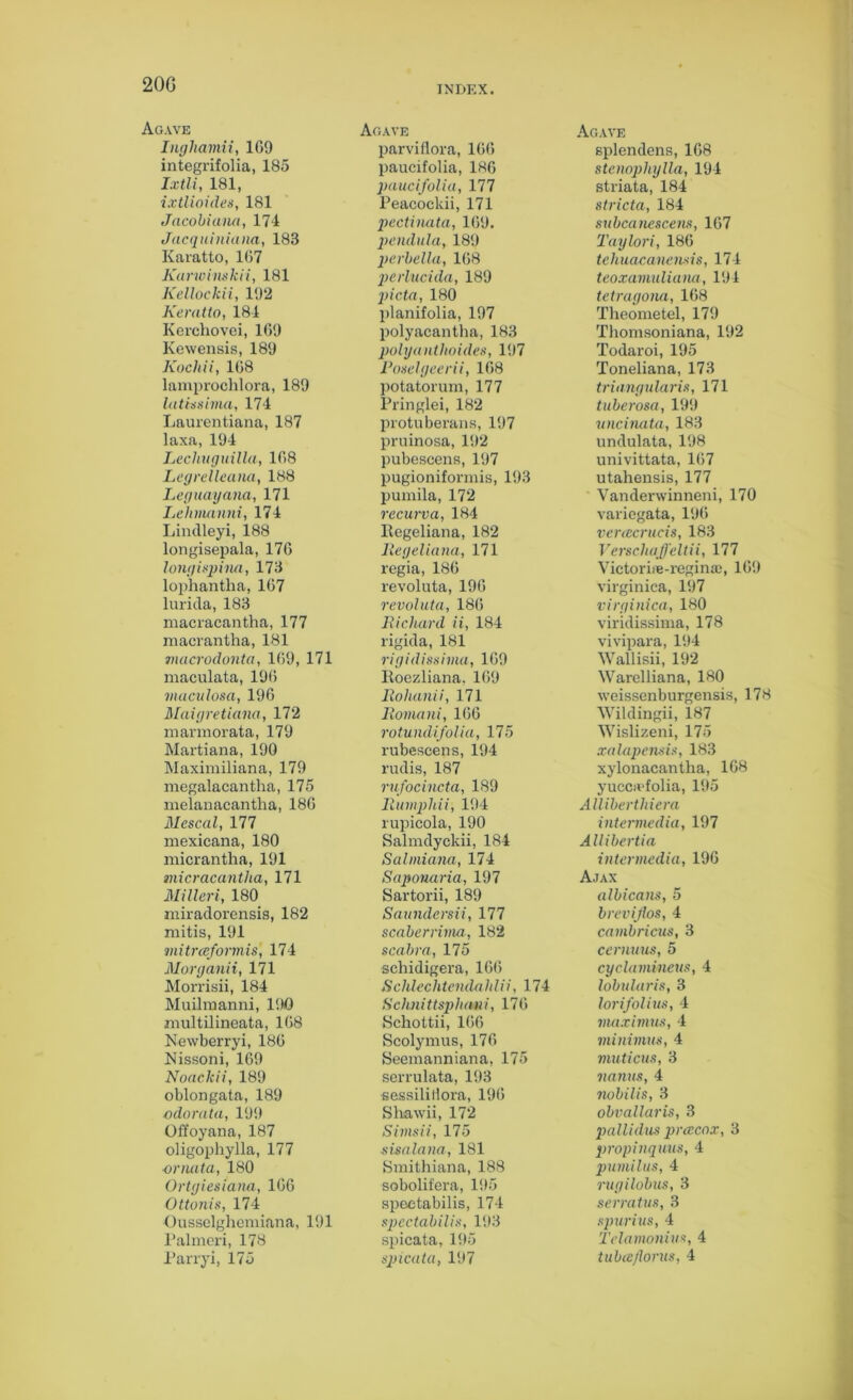20G INDEX. Agave Inghamii, 169 integrifolia, 185 Ixtli, 181, ixtlioides, 181 Jacobi ana, 174 Jacquiniana, 183 Karatto, 167 Karwinskii, 181 Kellockii, 192 Keratto, 184 Kerchovei, 169 Kewensis, 189 Kochii, 168 lamproclilora, 189 latissima, 174 Laurentiana, 187 laxa, 194 Lechuguilla, 168 Legrelleana, 188 Leguayana, 171 Lehmanni, 174 Lindleyi, 188 longisepala, 176 longispina, 173 lophantha, 167 lurida, 183 macracantha, 177 macrantha, 181 macrodonta, 169, 171 maculata, 196 maculosa, 196 Maiyretiana, 172 marmorata, 179 Martiana, 190 Maximiliana, 179 megalacantha, 175 melanacantha, 186 Mescal, 177 mexicana, 180 micrantha, 191 micracantha, 171 Miller i, 180 miradorensis, 182 mitis, 191 mitrceformis, 174 Morganii, 171 Morrisii, 184 Muilmanni, 1!>Q multilineata, 168 Newberryi, 186 Nissoni, 169 Noackii, 189 oblongata, 189 odorata, 199 Offoyana, 187 oligophylla, 177 ornata, 180 Ortgiesiana, 166 Ottonis, 174 Oussclghemiana, 191 Palmeri, 178 Parryi, 175 Agave parviflora, 166 paucifolia, 186 paucifolia, 177 Peacockii, 171 pectinata, 169. pendula, 189 perbella, 168 perlucida, 189 picta, 180 planifolia, 197 polyacantha, 183 polya uthoides, 197 Poselgeerii, 168 potatorum, 177 Pringlei, 182 protuberans, 197 pruinosa, 192 pubescens, 197 pugioniformis, 193 pumila, 172 recurva, 184 Iiegeliana, 182 llegeliana, 171 regia, 186 revoluta, 196 revoluta, 186 Richard ii, 184 rigida, 181 rigidissima, 169 Iioezliana. 169 Rohanii, 171 Romani, 166 rotundifolia, 175 rubescens, 194 rudis, 187 rufocincta, 189 Rumphii, 194 rupicola, 190 Salmdyckii, 184 Salmiana, 174 Saponaria, 197 Sartorii, 189 Saundersii, 177 scaberrima, 182 scabra, 175 schidigera, 166 Schleclitendahlii, 174 Schnittsphaui, 176 Schottii, 166 Scolymus, 176 Seemanniana, 175 serrulata, 193 sessilitlora, 196 Shawii, 172 Simsii, 175 sisalana, 181 Smithiana, 188 sobolifera, 195 spectabilis, 174 spectabilis, 193 spicata, 195 spicata, 197 Agave splendens, 168 stenophylla, 194 striata, 184 stricta, 184 subcanescens, 167 Taylori, 186 tehuacanensis, 174 teoxamuliana, 194 tctragona, 168 Theometel, 179 Thomsoniana, 192 Todaroi, 195 Toneliana, 173 triangularis, 171 tuberosa, 199 uncinata, 183 undulata, 198 univittata, 167 utahensis, 177 Vanderwinneni, 170 variegata, 196 vercecrucis, 183 Vcrschajd'eltii, 177 Vietorire-reginao, 169 virginica, 197 virginica, 180 viridissima, 178 vivipara, 194 Wallisii, 192 Warelliana, 180 weissenburgensis, 178 Wildingii, 187 Wislizeni, 175 xalapensis, 183 xylonacantha, 168 yuccipfolia, 195 Alliberthiera intermedia, 197 Allibertia intermedia, 196 Ajax albicans, 5 brevijlos, 4 cambricus, 3 cernuus, 5 cyclamineus, 4 lobularis, 3 lorifol ius, 4 maximus, 4 minimus, 4 muticus, 3 nanus, 4 nobilis, 3 obvaUaris, 3 pallidus prcecox, 3 propinquus, 4 pumilus, 4 rugilobus, 3 serratus, 3 spur ius, 4 Telamonivs, 4 tubceflorus, 4