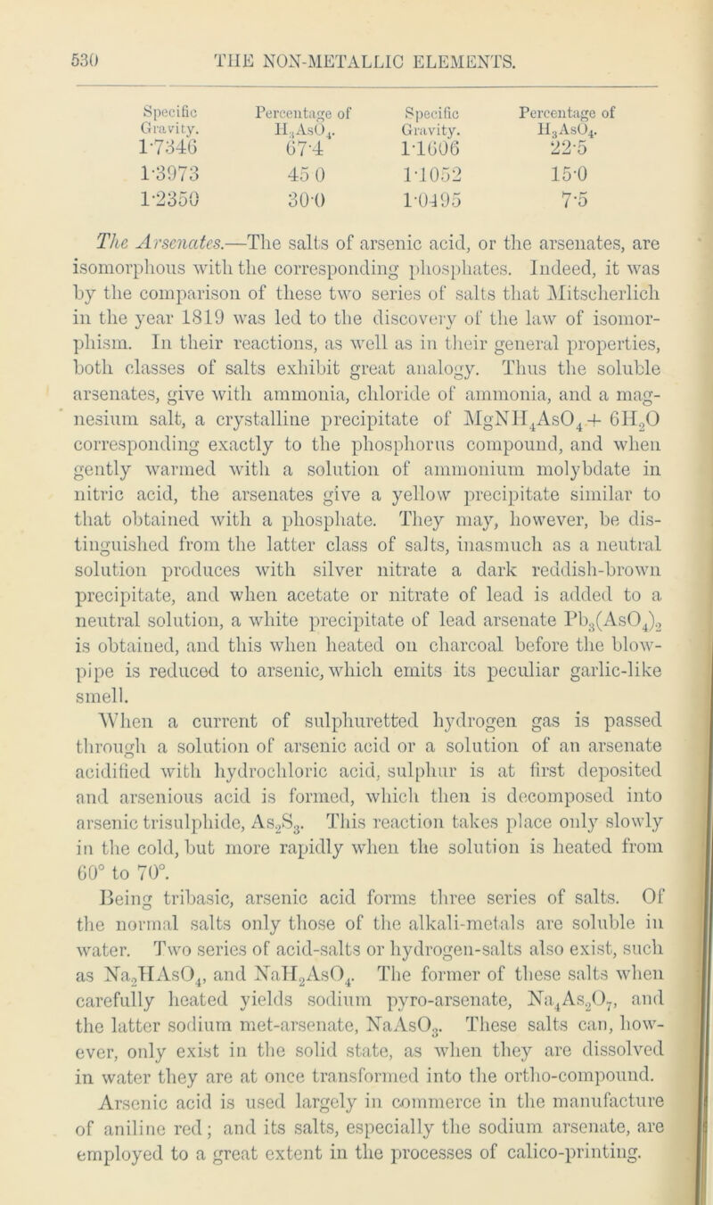 Specific Gravity. 1-7346 Percentage of H3As04. 674 Specific Gravity. 1-1606 Percentage of H3As04. 22-5 1-3973 45 0 T1052 15-0 1-2350 30-0 1-0495 7-5 The Arsenates.—The salts of arsenic acid, or the arsenates, are isomorphons with the corresponding phosphates. Indeed, it was by the comparison of these two series of salts that Mitsclierlicli in the year 1819 was led to the discovery of the law of isomor- phism. In their reactions, as well as in their general properties, both classes of salts exhibit great analogy. Thus the soluble arsenates, give with ammonia, chloride of ammonia, and a mag- nesium salt, a crystalline precipitate of MgNH4As04 4- 6H20 corresponding exactly to the phosphorus compound, and when gently warmed with a solution of ammonium molybdate in nitric acid, the arsenates give a yellow precipitate similar to that obtained with a phosphate. They may, however, be dis- tinguished from the latter class of salts, inasmuch as a neutral solution produces with silver nitrate a dark reddish-brown precipitate, and when acetate or nitrate of lead is added to a neutral solution, a white precipitate of lead arsenate Pb3(As04)2 is obtained, and this when heated on charcoal before the blow- pipe is reduced to arsenic, which emits its peculiar garlic-like smell. AVI len a current of sulphuretted hydrogen gas is passed through a solution of arsenic acid or a solution of an arsenate acidified with hydrochloric acid, sulphur is at first deposited and arsenious acid is formed, which then is decomposed into arsenic trisulphide, As2S3. This reaction takes place onl}r slowly in the cold, but more rapidly when the solution is heated from 60° to 70°. Ilein tribasic, arsenic acid forms three series of salts. Of the normal salts only those of the alkali-metals are soluble in water. Two series of acid-salts or hydrogen-salts also exist, such as Na2HAs04, and NaH2As04. The former of these salts when carefully heated yields sodium pyro-arsenate, Na4As207, and the latter sodium met-arsenate, NaAs03. These salts can, how- ever, only exist in the solid state, as when they are dissolved in water they are at once transformed into the ortho-compound. Arsenic acid is used largely in commerce in the manufacture of aniline red; and its salts, especially the sodium arsenate, are employed to a great extent in the processes of calico-printing.