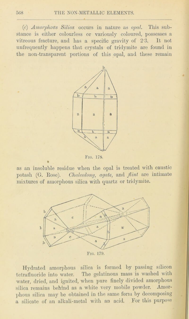 (c) Amorphous Silica occurs in nature as opal. This sub- stance is either colourless or variously coloured, possesses a vitreous fracture, and has a specific gravity of 2'3. It not unfrequently happens that crystals of tridymite are found in the non-transparent portions of this opal, and these remain Fig. 178. as an insoluble residue when the opal is treated with caustic potash (G. Eose). Chalcedony, agate, and flint are intimate mixtures of amorphous silica with quartz or tridymite. Hydrated amorphous silica is formed by passing silicon tetrahuoride into water. The gelatinous mass is washed with water, dried, and ignited, when pure finely divided amorphous silica remains behind as a white very mobile powder. Amor- phous silica may be obtained in the same form by decomposing a silicate of an alkali-metal with an acid. For this purpose