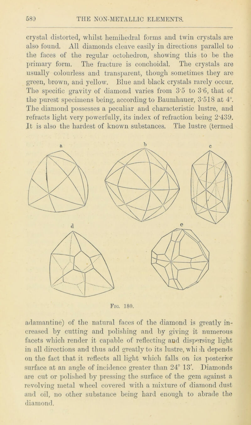 crystal distorted, whilst hemihedral forms and twin crystals are also found. All diamonds cleave easily in directions parallel to the faces of the regular octohedron, showing this to be the primary form. The fracture is conclioidal. The crystals are usually colourless and transparent, though sometimes they are green, brown, and yellow. Blue and black crystals rarely occur. The specific gravity of diamond varies from 3’5 to 3 6, that of the purest specimens being, according to Baumhauer, 3'518 at 4°. The diamond possesses a peculiar and characteristic lustre, and refracts light very powerfully, its index of refraction being 2‘439. It is also the hardest of known substances. The lustre (termed adamantine) of the natural faces of the diamond is greatly in- creased by cutting and polishing and by giving it numerous facets which render it capable of reflecting aud dispersing light in all directions and thus add greatly to its lustre, whi h depends on the fact that it reflects all light which falls on ics posterior surface at an angle of incidence greater than 24° 13'. Diamonds are cut or polished by pressing the surface of the gem against a revolving metal wheel covered with a mixture of diamond dust and oil, no other substance being hard enough to abrade the diamond. Fig. 180.
