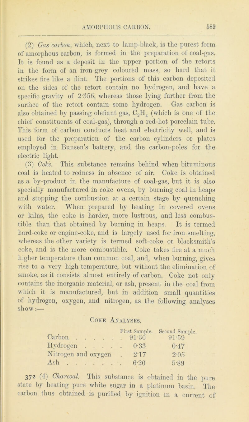 (2) Gas carbon, which, next to lamp-black, is the purest form of amorphous carbon, is formed in the preparation of coal-gas. It is found as a deposit in the upper portion of the retorts in the form of an iron-grey coloured mass, so hard that it strikes fire like a flint. The portions of this carbon deposited on the sides of the retort contain no hydrogen, and have a specific gravity of 2-356, whereas those lying further from the surface of the retort contain some hydrogen. Gas carbon is also obtained by passing olefiant gas, C2H4 (which is one of the chief constituents of coal-gas), through a red-hot porcelain tube. This form of carbon conducts heat and electricity well, and is used for the preparation of the carbon cylinders or plates employed in Bunsen’s battery, and the carbon-poles for the electric light. (3) Coke. This substance remains behind when bituminous coal is heated to redness in absence of air. Coke is obtained as a by-product in the manufacture of coal-gas, but it is also specially manufactured in coke ovens, by burning coal in heaps and stopping the combustion at a certain stage by quenching with water. When prepared by heating in covered ovens or kilns, the coke is harder, more lustrous, and less combus- tible than that obtained by burning in heaps. It is termed hard-coke or engine-coke, and is largely used for iron smelting, whereas the other variety is termed soft-coke or blacksmith’s coke, and is the more combustible. Coke takes fire at a much higher temperature than common coal, and, when burning, gives rise to a very high temperature, but without the elimination of smoke, as it consists almost entirely of carbon. Coke not only contains the inorganic material, or ash, present in the coal from which it is manufactured, but in addition small quantities of hydrogen, oxygen, and nitrogen, as the following analyses show:— 372 W Charcoal. This substance is obtained in the pure state by heating pure white sugar in a platinum basin. The carbon thus obtained is purified by ignition in a current of Coke Analyses. Ash Carbon .... Hydrogen . Nitrogen and oxygen o */ o First Sample. Second Sample. . 91-30 91-59 . 0-33 0-47 . 2-17 2-05 . 6-20 5-89