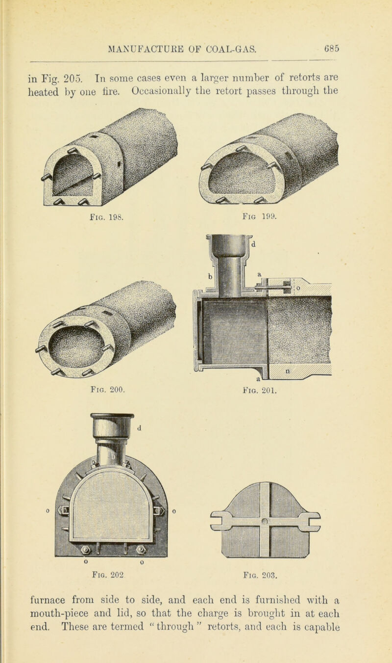 in Fig. 205. In some cases even a larger number of retorts are heated by one lire. Occasionally the retort passes through the Fig. 198. Fig 199. Fig. 200. Fig. 201. Fig. 203. furnace from side to side, and each end is furnished with a mouth-piece and lid, so that the charge is brought in at each end. These are termed “ through ” retorts, and each is capable