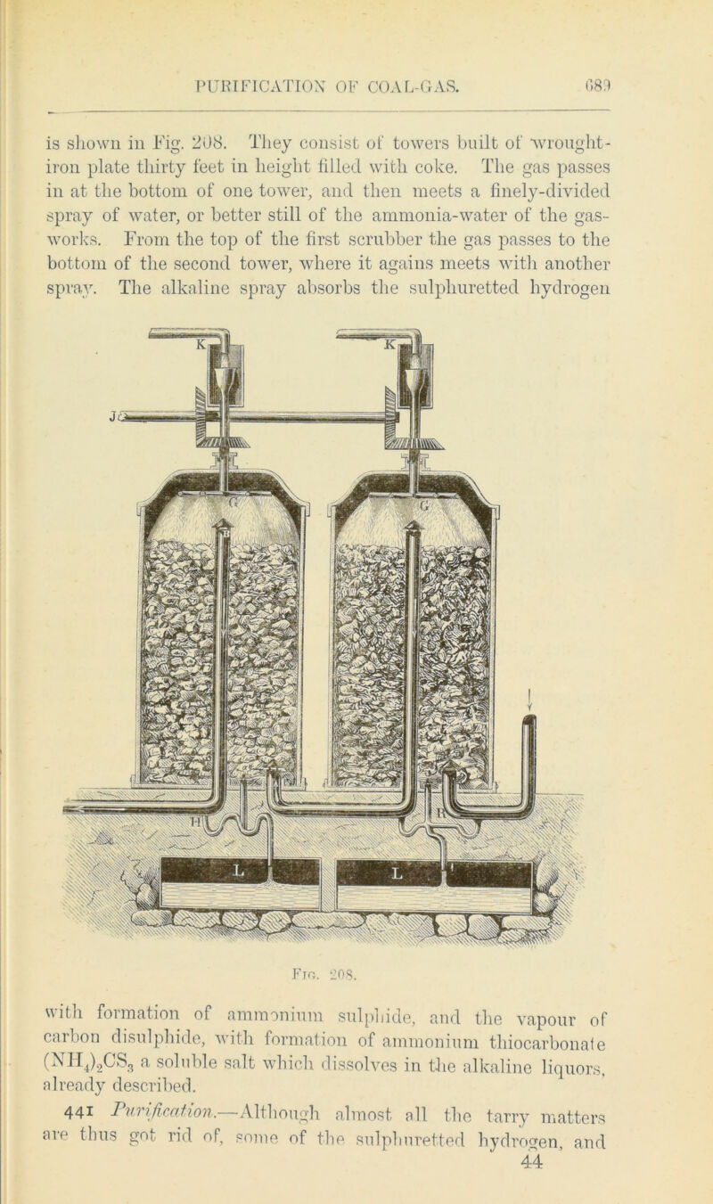 is shown in Fig. 208. They consist of towers built of wrought- iron plate thirty feet in height filled with coke. The gas passes in at the bottom of one tower, and then meets a finely-divided spray of water, or better still of the ammonia-water of the gas- works. From the top of the first scrubber the gas passes to the bottom of the second tower, where it agains meets with another spray. The alkaline spray absorbs the sulphuretted hydrogen Fm. 208. with formation of ammonium sulphide, and the vapour of carbon disulphide, with formation of ammonium thiocarbonafe (NH4)2CS3 a soluble salt which dissolves in the alkaline liquors, already described. 441 Purification.—-Although almost all the tarry matters are thus got rid of, some of the sulphuretted hydrogen and 44