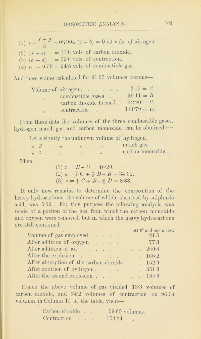 (1) e — •£—^ - 07904 (c — b) = 0‘59 vols. of nitrogen. w 3 (2) (d — e) — H‘8 vols. of carbon dioxide. (3) (c — cl) = 39-0 vols. of contraction. (4) a — 0‘59 = 24-5 vols. of combustible gas. And these values calculated for 9125 volumes become— Volume of nitrogen 245 = A. „ combustible gases . . 89 11 — B. „ carbon dioxide formed . 42 90 = C. „ contraction .... 14179 = D. From these data the volumes of the three combustible gases, hydrogen, marsh gas, and carbon monoxide, can be obtained : Let x signify the unknown volume of hydrogen. „ y » » » marsh gas. „ z „ „ „ carbon monoxide. Then (1) x = B-C = 46-20. (2) 2/ — fC + fD - B = 34-02. (3) 2=i C+ B- % D — 8-88. It only now remains to determine the composition of the heavy hydrocarbons, the volume of which, absorbed by sulphuric acid, was 5 09. For this purpose the following analysis wras made of a portion of the gas, from which the carbon monoxide and oxygen were removed, but in which the heavy hydrocarbons are still contained. At 0° and one meter. Volume of gas employed 21-5 After addition of oxygen 77'3 After addition of air 2004 After the explosion 166-2 After absorption of the carbon dioxide . . . 152 9 After addition of hydrogen 351-3 After the second explosion 1848 Hence the above volume of gas yielded 13-3 carbon dioxide, and 342 volumes of contraction volumes in Column II. of the table, yield— volumes of on 96 34 Carbon dioxide . . . 59 60 volumes. Contraction .... 15324