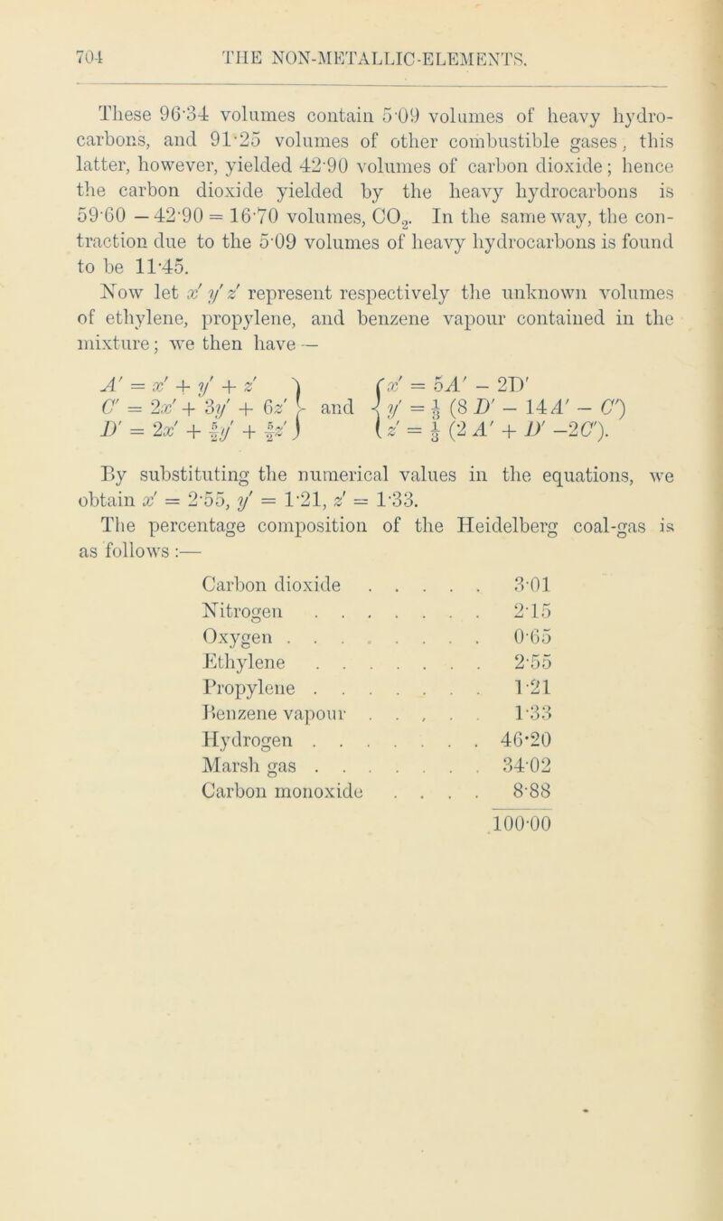 These 96'34 volumes contain 5 09 volumes of heavy hydro- carbons, and 91 25 volumes of other combustible gases, this latter, however, yielded 42-90 volumes of carbon dioxide; hence the carbon dioxide yielded by the heavy hydrocarbons is 59-60 — 42'90 = 16 70 volumes, CO.,. In the same way, the con- traction due to the 5-09 volumes of heavy hydrocarbons is found to be 11’45, Now let x' y' z represent respectively the unknown volumes of ethylene, propylene, and benzene vapour contained in the mixture; we then have — By substituting the numerical values in the equations, we obtain x = 2-55, y = 1'21, z = 1*33. The percentage composition of the Heidelberg coal-gas is as follows :— Carbon dioxide 301 245 0-65 2-55 T21 T33 46-20 34-02 8-88 Nitrogen Oxygen . Ethylene Propylene Benzene vapoui Hydrogen . . Marsh gas . Carbon monoxide 100-00