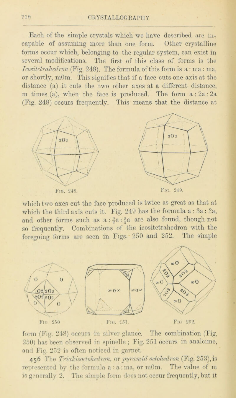 Each of the simple crystals which we have described are in- capable of assuming more than one form. Other crystalline forms occur which, belonging to the regular system, can exist in several modifications. The first of this class of forms is the Icositetrahedron (Fig. 248). The formula of this form is a: ma: ma, or shortly, mOm. This signifies that if a face cuts one axis at the distance (a) it cuts the two other axes at a different distance, m times (a), when the face is produced. The form a: 2a: 2a (Fig. 248) occurs frequently. This means that the distance at which two axes cut the face produced is twice as great as that at which the third axis cuts it. Fig. 249 has the formula a : 3a: 3a, and other forms such as a : fa: fa are also found, though not so frequently. Combinations of the icositetrahedron with the foregoing forms are seen in Figs. 250 and 252. The simple form (Fig. 248) occurs in silver glance. The combination (Fig. 250) has been observed in spinelle ; Fig. 251 occurs in analcime, and Fiji. 252 is often noticed in garnet. 456 The THaldsoctoludron, or pyramid ocidhedron (Fig. 253), is represented by the formula a : a:ma, or mOm. The value of in is g merally 2. The simple form does not occur frequently, but it