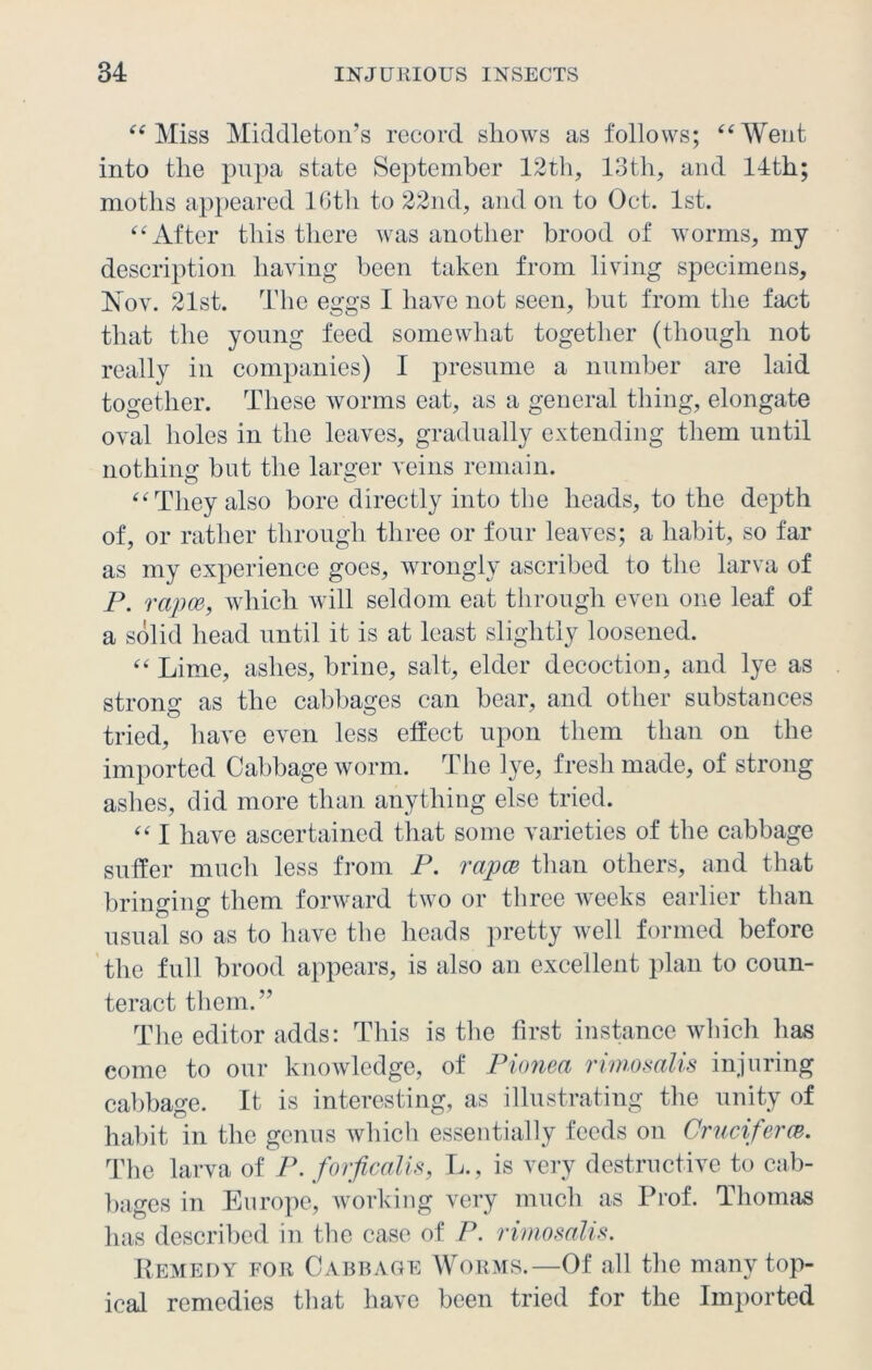 “ Miss Middleton’s record shows as follows; “Went into the pupa state September 12th, 13th, and 14th; moths appeared 16th to 22nd, and on to Oct. 1st. “After this there was another brood of worms, my description having been taken from living specimens, Nov. 21st. The eggs I have not seen, but from the fact that the young feed somewhat together (though not really in companies) I presume a number are laid together. These worms eat, as a general thing, elongate oval holes in the leaves, gradually extending them until nothing but the larger veins remain. “They also bore directly into the heads, to the depth of, or rather through three or four leaves; a habit, so far as my experience goes, wrongly ascribed to the larva of P. rapes, which will seldom eat through even one leaf of a solid head until it is at least slightly loosened. “Lime, ashes, brine, salt, elder decoction, and lye as strong as the cabbages can bear, and other substances tried, have even less effect upon them than on the imported Cabbage worm. The lye, fresh made, of strong ashes, did more than anything else tried. “ I have ascertained that some varieties of the cabbage suffer much less from P. rapes than others, and that bringing them forward two or three weeks earlier than usual so as to have the heads pretty well formed before the full brood appears, is also an excellent plan to coun- teract them. ” The editor adds: This is the first instance which has come to our knowledge, of Pionea rimosalis injuring cabbage. It is interesting, as illustrating the unity of habit in the genus which essentially feeds on Cruciferee. The larva of P. forficalis, L., is very destructive to cab- bages in Europe, working very much as Prof. Thomas has described in the case of P. rimosalis. Remedy foji Cabbage Worms.—Of all the many top- ical remedies that have been tried for the Imported