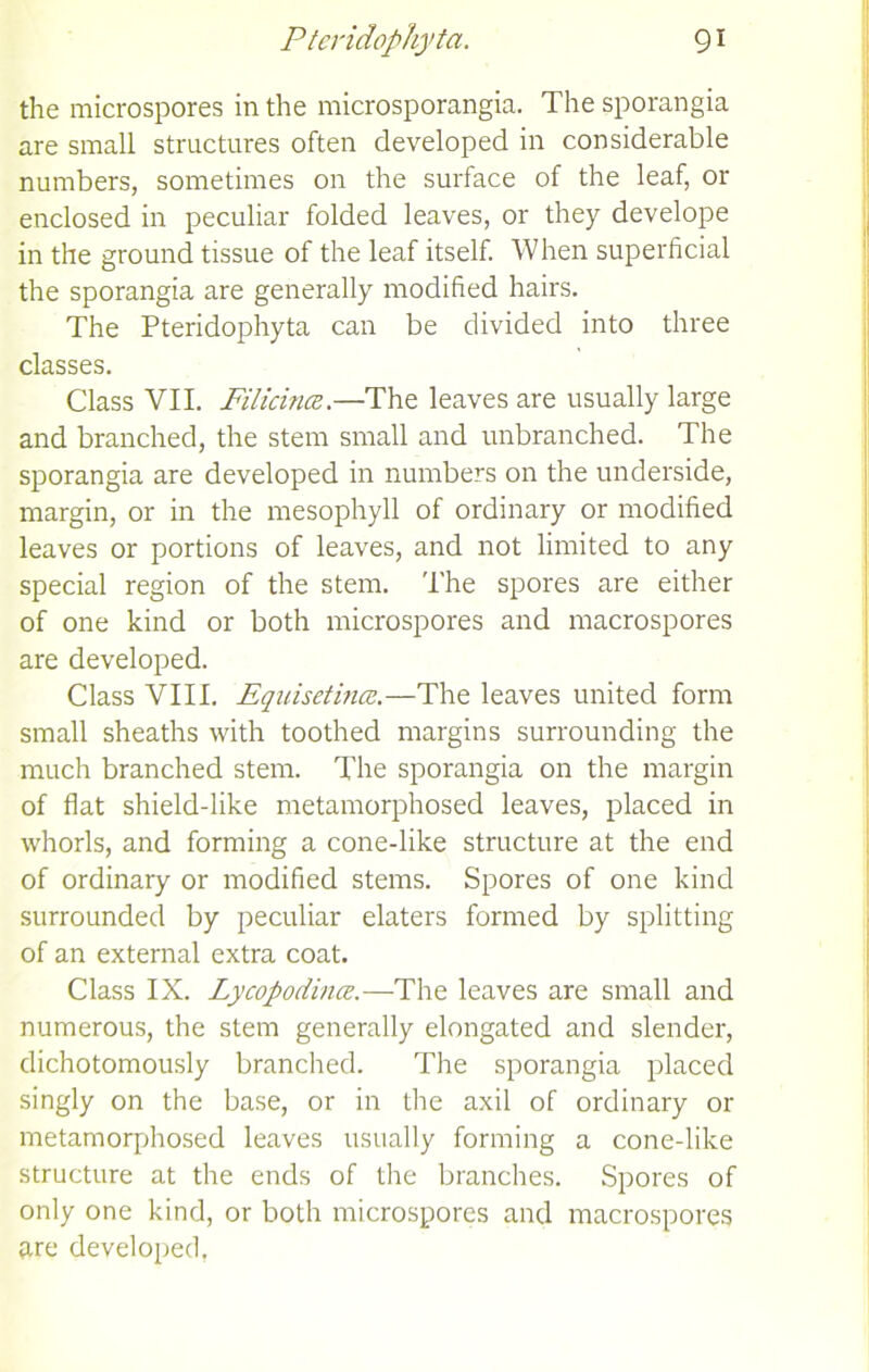 the microspores in the microsporangia. The sporangia are small structures often developed in considerable numbers, sometimes on the surface of the leaf, or enclosed in peculiar folded leaves, or they develope in the ground tissue of the leaf itself. When superficial the sporangia are generally modified hairs. The Pteridophyta can be divided into three classes. Class VII. Filicince.—The leaves are usually large and branched, the stem small and unbranched. The sporangia are developed in numbers on the underside, margin, or in the mesophyll of ordinary or modified leaves or portions of leaves, and not limited to any special region of the stem. The spores are either of one kind or both microspores and macrospores are developed. Class VIII. Equisetince.—The leaves united form small sheaths with toothed margins surrounding the much branched stem. The sporangia on the margin of flat shield-like metamorphosed leaves, placed in whorls, and forming a cone-like structure at the end of ordinary or modified stems. Spores of one kind surrounded by peculiar elaters formed by splitting of an external extra coat. Class IX. Lycopodince.—The leaves are small and numerous, the stem generally elongated and slender, dichotomously branched. The sporangia placed singly on the base, or in the axil of ordinary or metamorphosed leaves usually forming a cone-like structure at the ends of the branches. Spores of only one kind, or both microspores and macrospores are developed,