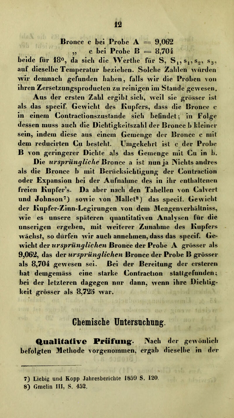 Bronce c bei Probe A = 9,062 „ c bei Probe B = 8,704 beide für 18®, da sieb die Wertbe für S, Si,Sj,s„, Sg, auf dieselbe Temperatur bezielien. Solche Zahlen würden wir demnach gefunden haben, falls wir die Proben von ihren Zersetzungsproducien zu reinigen im Stande gewesen. Aus der ersten Zahl ergibt sieb, well sie grösser ist als das speclf. Gewicht des Kupfers, dass die Bronce c ln einem Contraclionszustande sich befindet:; ln Folge dessen muss auch die Dlchtlgheilszahl der Bronce b kleiner sein, indem diese aus einem Gemenge der Bronce c mit dem reducirten Cu besteht. Umgekehrt ist c der Probe B von geringerer Dichte als das Gemenge mit Cu ln b. Die tirsprünqliche ßronce a ist nun ja Nichts andres als die Bronce b mit Berücksichtigung der Contractlon oder Expansion bei der Aufnahme des in ihr enthaltenen freien Kupfer’s. Da aber nach den Tabellen >on Calvcrt und Johnson^) sowie von Mailet®) das specll. Gewicht der Kupfer-Zinn-Legirungen von dem Mengenverhältnlss, wie es unsere späteren quantitativen Analysen für die unserigen ergeben, mit weiterer Zunahme des Kupfers wächst, so dürfen wir auch annehmen, dass das specif. Ge- wicht der ursprünglichen Bronce der Probe A grösser als 9,062, das der tirsprüngliehen Bronce der Probe B grösser als 8,704 gewesen sei. Bel der Bereitung der erstcren hat demgemäss eine starke Contraction stattgefunden; bei der letzteren dagegen nur dann, wenn ihre Dichtig- keit grösser als 8,725 war. Chemische Untersnehung. Q,ualitative Prüfung:. Nach der gewönlich befolgten Methode vorgenommen, ergab dieselbe in der 7) Liebig und Kopp Jahresberichte 1859 S. 120, 8) Gmelin III, S. 452.