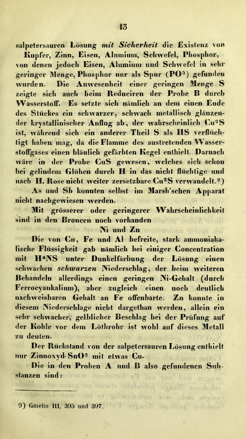 Salpetersäuren Lösung mit Sicherheit die Existenz von Kupfer, Zinn, Eisen, Aliimium, Schwefel, Phosphor, von denen jedoch Eisen, Alumiuni und Schwefel in sehr geringer Menge, Phosphor nur als Spur (PO®) gefunden wurden. Die Anwesenheit einer geringen Menge S zeigte sich auch heim Rednciren der Probe B durch Wasserstoff. Es setzte sich nämlich an dem einen Ende des Stückes ein schwarzer, schwach metallisch glänzen- der krystallinischcr Anflug ab, der wahrscheinlich Cu-S ist, während sich ein anderer Theil S als HS verflüch- tigt haben mag, da die Flamme des austretenden W asser- stoffgases einen bläulich gefärbten Kegel enthielt. Darnach wäre in der Probe CuS gewiesen, welches sich schon bei gelindem Glühen durch H in das nicht flüchtige und nach H.B ose nicht weiter zersetzbare Cu®S verwandelt.^) As und Sb konnten selbst im Marsh’schen Apparat nicht nachgewiesen werden. Mit grösserer oder geringerer Wahrscheinlichkeit sind in den Broncen noch vorhanden ]Ni und Zn Die von Cu, Fe und Al befreite, stark ammoniaka- lische Flüssigkeit gab nämlich bei einiger Concentration mit H^NS unter Dunkelfärbung der Lösung einen schwachen sehwarzen IViederschlag, der beim weiteren Behandeln allerdings einen geringen INi-Gehalt (durch Ferrocyankaliura), aber zugleich einen noch deutlich nachweisbaren Gehalt an Fe offenbarte. Zn konnte in diesem Niederschlage nicht dargethan werden, allein ein sehr schwacher, gelblicher Beschlag bei der Prüfung auf der Kohle vor dem Löthrohr ist wohl auf dieses Metall zu deuten. Der Rückstand von der Salpetersäuren Lösung enthielt nur Zinnoxyd-SnO- mit etwas Cu. Die in den Proben A und B also gefundenen Sub- stanzen sind: 9) Gnielin III, .39.5 und 397.