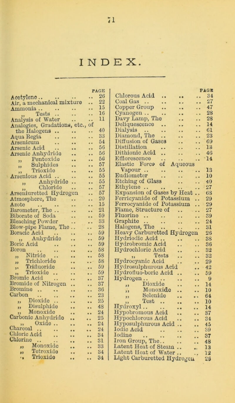 INDEX. PAGE PAGS Acetylene.. 2(3 Chlorous Acid 34 Air, a mechanical mixture 22 Coal Gas 27 Ammonia , , 15 Copper Group 47 ,, Tests .. . , 16 Cyanogen 28 Analysis of Water . . 11 Davy Lamp, The 28 Analogies, Gradations, etc. of Deliquescence 14 the Halogens .. 40 Dialysis 61 Aqua Regia . . 33 Diamond, The 23 Arsenicum 54 Diffusion of Gases 69 Arsenic Acid , . 56 Distillation 13 Arsenic Anhydride ,. 56 Dithionic Acid .. 46 „ Pentoxido 56 Efflorescence 14 „ Sulphides • • 57 Elastic Force of Aqueous ,, Trioxide ,. 55 Vapour 13 Arsenious Acid .. 55 Eudiometer 10 „ Anhydride .. •. 55 Etching of Glass 40 ,, Chloride , . 57 Ethylene .. 27 Arseuiuretted Hydrogen •. 57 Expansion of Gases by Heat .. 68 Atmosphere, The ,. 20 Ferricyanide of Potassium .. 29 Azote , , 15 Ferrocyanide of Potassium .. 29 Barometer, The .. 21 Flame, Structure of 27 Biborate of Soda # . 59 Fluorine 39 Bleaching Powder # . 33 Graphite 24 Blow-pipe Flame, The .. . . 23 Halogens, The 31 Boracic Acid ,, 59 Heavy Carburetted Hydrogen 26 ,, Anhydride #. 59 Hydriodic Acid 38 Boric Acid • . 59 Hydrobromic Acid 36 Boron 5S Hydrochloric Acid 32 ,, Nitride , , 5S ,, Tests 32 „ Trichloride , . 58 Hydrocyanic Acid 29 ,, Trifluoride •. 59 Hydrosulphurous Acid 42 „ Trioxide .. . . 59 Hydrofluo-boric Acid .. 59 Bromic Acid , . 37 Hydrogen 9 Bromide of Nitrogen .. , , 37 ,, Dioxide 14 Bromine .. 86 ,, Monoxide .. 10 Carbon 23 ,, Sclenide 64 ,, Dioxide .. . , 25 ,, Test 10 „ Disulphide .. ,, 48 Hydroxyl 14 ,, Monoxide ,. 24 Hypobromous Acid 37 Carbonic Anhydrido .. , . 25 Hypochlorous Acid 34 ,, Oxide .. • • 24 Hyposulphurous Acid .. 45 Charcoal .. 24 Iodic Acid 39 Chloric Acid 34 Iodine 37 Chlorine # # 31 Iron Group, The.. 48 ,, Monoxide • . 33 Latent Heat of Steam .. 13 ,, Tetr oxide •. 34 Latent Heat of Water .. 12 ■ • Trioxide • • 34 Light Carburetted Hydrogen 28