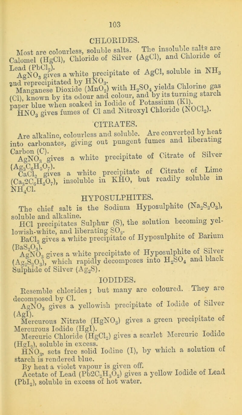 CHLORIDES. Most are colourless, soluble salts. The insoluble salts aie Calomel (HgCl), Chloride of Silver (AgCl), and Chloride of LAgNO^gives a white precipitate of AgCl, soluble m NH3 ^^anSane^Dioxide (Mn02) with H2S04 yields Chlorine gas (Cl) known by its odour and colour, and by its turning staich paper blue when soaked in Iodide of Potassium (Kg. 1 HN03 gives fumes of Cl and Nitroxyl Chloride (NOCL). CITRATES. Are alkaline, colourless and soluble. Are converted by heat into carbonates, giving out pungent fumes and liberating ^AgNO^gives a white precipitate of Citrate of Silver ^CaCR1''gives a white precipitate of Citrate of Lime (Ca32C6H307), insoluble in KHO, but readily soluble in NH4C1. HYPOSULPHITES. The chief salt is the Sodium Hyposulphite (Na2S203), soluble and alkaline. ^ . . , HC1 precipitates Sulphur (S), the solution becoming yel- lowish-white, and liberating S02. , „ . BaCl2 gives a white precipitate of Hyposulphite 01 Banum A^N03 gives a white precipitate of Hyposulphite of Silver (AgoS.-,03), which rapidly decomposes into H2S04 and black Sulphide of Silver (Ag2S). IODIDES. Resemble chlorides ; but many are coloured. They are decomposed by Cl. , , » c., AgN03 gives a yellowish precipitate of Iodide 01 biivei (Agl). . . . Mercurous Nitrate (HgN03) gives a green precipitate or Mercurous Iodide (Hgl). . T Mercuric Chloride (HgCL) gives a scarlet Mercuric Iodide (Hglo), soluble in excess. HN03, sets free solid Iodine (I), by which a solution ot starch is rendered blue. By heat a violet vapour is given off. Acetate of Lead (Pb2C2H302) gives a yellow Iodide ot Lead (Pbl2), soluble in excess of hot water.