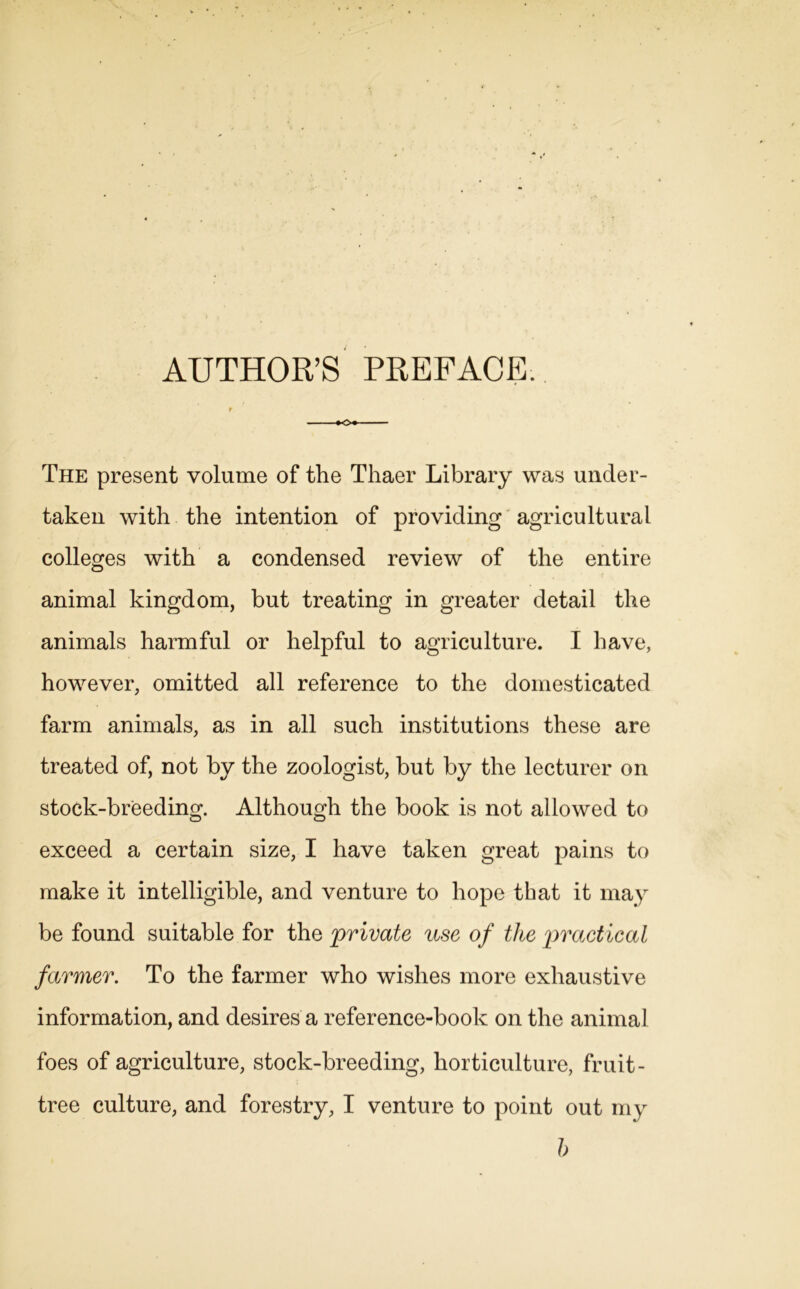 AUTHOR’S PREFACE. r »Of The present volume of the Thaer Library was under- taken with the intention of providing agricultural colleges with a condensed review of the entire animal kingdom, but treating in greater detail the animals harmful or helpful to agriculture. I have, however, omitted all reference to the domesticated farm animals, as in all such institutions these are treated of, not by the zoologist, but by the lecturer on stock-breeding. Although the book is not allowed to exceed a certain size, I have taken great pains to make it intelligible, and venture to hope that it may be found suitable for the 'private use of the practical farmer. To the farmer who wishes more exhaustive information, and desires a reference-book on the animal foes of agriculture, stock-breeding, horticulture, fruit- tree culture, and forestry, I venture to point out my h