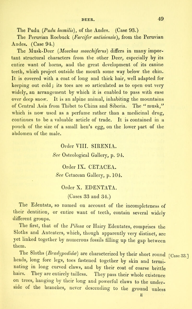 The Pudu [Pudu humilis), of the Andes. (Case 93.) The Peruvian Roebuck [Furcifer antisiensis), from the Peruvian Andes. (Case 94.) The Musk-Deer {Moschus moschiferus) differs in many impor- tant structural characters from the other Deer^ especially by its entire want of horns, and the great development of its canine teeth, which project outside the mouth some way below the chin. It is covered with a coat of long and thick hair, well adapted for keeping out cold; its toes are so articulated as to open out very widely, an arrangement by which it is enabled to pass with ease over deep snow\ It is an alpine animal, inhabiting the mountains of Central Asia from Thibet to China and Siberia. The musk,^^ which is now used as a perfume rather than a medicinal drug, continues to be a valuable article of trade. It is contained in a pouch of the size of a small hen^s egg, on the lower part of the abdomen of the male. Order VIII. SIRENIA. See Osteological Gallery, p. 94. Order IX. CETACEA. See Cetacean Gallery, p. 104. Order X. EDENTATA. (Cases 33 and 34.) The Edentata, so named on account of the incompleteness of their dentition, or entire want of teeth, contain several widely different groups. The first, that of the Pilosa or Hairy Edentates, comprises the Sloths and Anteaters, which, though apparently very distinct, are yet linked together by numerous fossils filling up the gap between them. The Sloths (Bradijpodidce) are characterized by their short round heads, long fore legs, toes fastened together by skin and termi- nating in long curved claws, and by their coat of coarse brittle hairs. They are entirely tailless. They pass their whole existence on trees, hanging by their long and powerful claws to the under- side of the branches, never descending to the ground unless E [Case 33.]