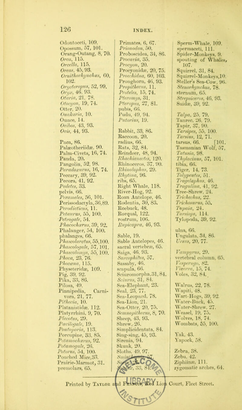 Odontoceti, 100. Opossum, .07, 101, Orang-Outang, 8, 70. Orca, llo. Orcella, 11.0. Oreas, 4.0, 03. Omifhorhynchus, 00, 102. Onicterojms, 52, 09. Oryx, 40, 03. Of aria, 21, 78. Ofocyon, 10, 74. Olter, 20. Ouakaria, 10. Ounce, 1-1. Ovihos, 43. 03. Ovis, 44, 03. Paca, 86. Palaeotheriiclae, 00. Palm-Civets, 16, 74. Panda, 20. Pangolin, 52, OS. Paradoxurns, 16, 74. Peccary, 30, 02. Pecora, 41, 02. Pedetes, 33. pelvis, 06. Pcrameles, .06, lOl. Perissodacryla, 30,80. Perodicticus, 11. Petanrus, 55, 100. Petrogale, 54. Phacochoerus, 30, 02. Phalanger, 54, 100. phalanges, 66. Pkascolarctus, 55,100. Phascologale, 57,101. Phascolomys, 55, 100. Pkoca, 23, 70. Phocrena, 115. Physeteridae, 100. Pig, 30, 02. Pika, 33, 86. Pilosa, 40. Pinnipedia, Carni- vora, 21, 77. Pifhccia, 10. Platanistidie, 112. Platvrrhini, 0, 70. PlccofiiK, 20. Poecilogale, 10. Ponfoporia, 113. Porcupine, 33, 85. Potamochoerus, 02. Pofamogale, 20. Potoms, 54, 100. Pouched l\rice,33. Prairie-Marmot, 31. premolars, 05. Printed by Taylor Primates, 0, 67. Prionodon, .50. Proboscidea, 34, 86. Procavia, 35. Procyon, 20. Procyonida?, 20, 75. Proechidna, 00, 103. Pronghorn, 40, 03. J^ropifhecus, 11. Pr(deles, 15, 74. Pferomys, 31. Pferopus, 27, 81. pubis, 00. Pudu, 40, 04. Putorius, 10. Rabbit, 33, 86. Raccoon, 20. radius, 66. Rats, 32, 84. Reindeer, 48, 04. Phachianectes, 120. Rhinoceros, 37, V'O. Phinolophns, 20. likytina, 06. ribs, 65. Right Whale, 118. River-Hog, 02. Roan Antelope, 46. Rodentia, 30, 83. Roebuck, 48. Rorqual, 122. rostrum, 100. llupicapra, 46, 03. Sable, 10. Sable Antelopes, 46. sacral vertebra', 05. Saiga, 40, 03^_ Sarcophihis, 57. Sassaby, 4(). scapula, 6(5. Sciuromorpha,31,84. Sciurns, 31, 84. Sea-Elephant, 23. Seal. 23, 77. Sea-Leopard, 78. Sea-Lion, 21. Sea-Otter, 20, 75. Se?nnopilheats, 8, 70. Sheep, 43, 03. Shrew,- 20. Simplicidentata, 84. Sing-sing, 45, 03. Sirenia, 04. Skunk, 20. Sloths. 40, 07. . Sperm-Whale, 100. I spermaceti, 111, Spider-Monkeys, 0. si>outing of Whales/ 107. Squirrel, 31, 84, Squirrel-Monkeys, 1(). Steller’s Sea-Cow. 00. Stenorhynchus, 78. sternum, 65. Strepsiceros, 46, 03. Suida?, 30, 02. Talpa, 25. 70. Tanrec, 20, 70, Tapir, 37, 00. Tarsipes, 55, 1(30. Tarsi us, 12, 71. tarsus, 06. [101. Tasmanian Wolf, 57, Tatusia, 08. Thylacinus, 57, 101. tibia, 60. Tiger, 14, 73. Tolypeufes, 51. Tragelaphus, 40. 'Tragulina, 41, 02. Tree-Shrew, 24. Triehechus, '2'2. Trichosurus, 55. Tvpaia, 24. Tursiaps, 114. Tylopoda, 30, 02. ulna, 66. Ungulata. 34, 86. Ursns, 20, 77. Vampyrus, 20. vertebral column, 65. J 7 spm(go, S2, Vic>‘rra, 15, 74. ^■ole.s, 32, 84.. Walrus, 22, 78. Wapiti, -18. Wart-Hogs, 30, 02. Water-Puck, 45. Water-Shrew. 27. M'easel, 10, 75. Wolves, 18, 74. Wombats, 55, 100. Yak. 43. Yapock, .58. Zebra, 38. Zebu, 42. Ziphiimv, 111. zygomatic arches, 64. Court, Fleet Street.