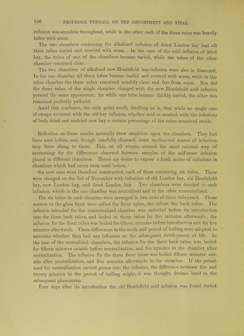 infusion was scumless throughout, while in the other each of the three tubes was heavily laden with scum. The two chambers containing the alkalized infusion of dried London hay had all their tubes turbid and covered with scum. In the case of the acid infusion of dried hay, the tubes of one of the chambers became turbid, while the tubes of the other chamber remained clear. The two chambers of alkalized new Heathfield hay-infusion were also in disaccord. In the one chamber all three tubes became turbid and covered with scum, while in the other chamber the three tubes remained sensibly clear and free from scum. Nor did the three tubes of the single chamber charged with the now Heathfield acid infusion present the same appearance; for while one tube became thickly turbid, the other two remained j)erfectly pellucid. Amid this confusion, the only point worth dwelling on is, that while no single case of escape occurred with the old-hay infusion, whether acid or neutral, with the infusions of both dried and undried new hay a certain percentage of the tubes remained sterile. Eefloction on-these results naturally di’ew suspicion upon the chambers. They had been used before, and, though carefully cleansed, some unobserved source of infection may have clung to them. This, at all events, seemed the most rational way of accounting for the differences observed between samples of the self-same infusion placed in different chambers. Hence my desire to e.xpose a fresh series of infusions in chambers which had never been used before. • Six new ones were therefore constructed, each of them containing six tubes. These were charged on the 3rd of November with infusions of- old London hay, old Heathfield hay, new London hay, and dried London hay. Two chambers were devoted to each infusion, which in the one chamber was neutralized and in the other unneutralized. The six tubes in each chamber were arranged in two rows of three tubes each. Those nearest to the glass front were called the front tubes, the others the back tubes. The infusion intended for the unneutralized chamber was unboiled before its introduction into the three back tubes, and boiled in those tubes for five minutes afterwards; the infusion for the front tubes was boiled for fifteen minutes before introduction and for five minutes aftei-wards. These differences in the mode and period of boiling were adopted to ascertain whether they had any influence on the subsequent development of life. In the case of the neutralized chambers, the infusion for the three back tubes was boiled for fifteen minutes outside before neutralization, and five minutes in the chamber after neutralization. The infusion for the three front tubes was boiled fifteen minutes out- side after neutralization, and five minutes afterwards in the chamber. If the potash used for neutralization carried germs into the infusion, the difference between five and twenty minutes in the period of boiling might, it was thought, declare itself in the subsequent phenomena. Fonr days after its introduction the old Heathfield acid infusion was found turbid